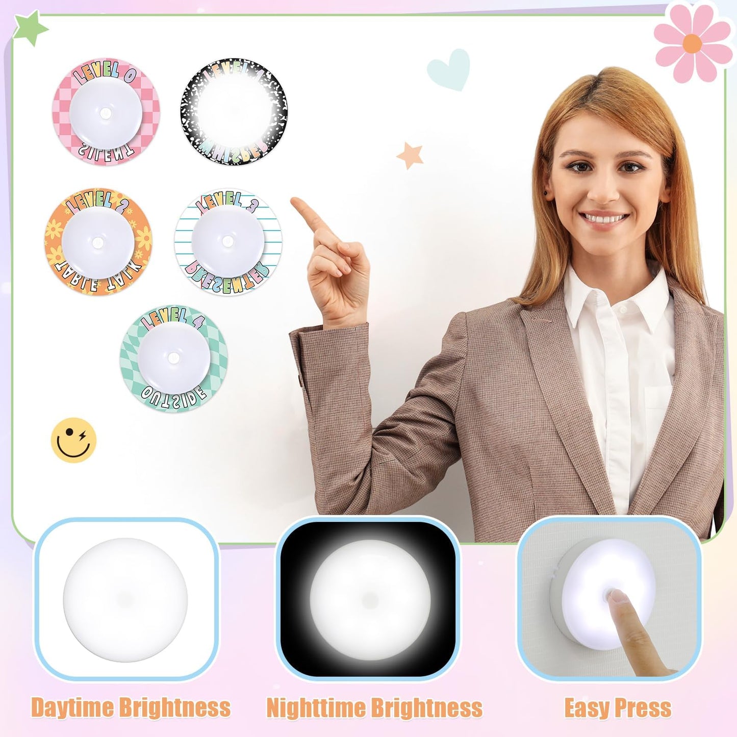 5 Pcs School Push Light and Voice Level Poster Voice Level Chart Monitor Rules Sign LED Tap Light Classroom Rules Poster Noise Chart Classroom Management Tools for Teachers Kids（Composition Style）