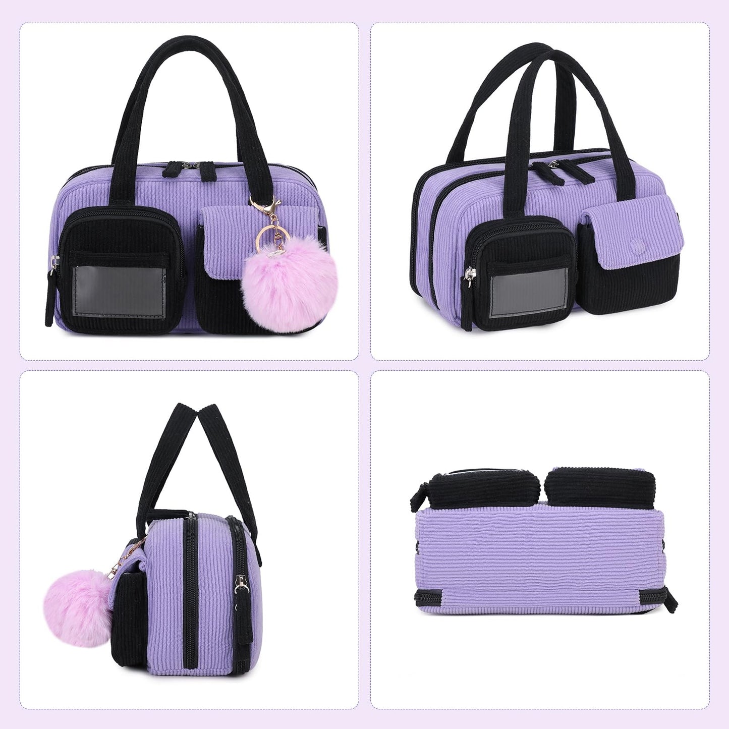 QIXIHU Pencil Case for Kids Girls Makeup Bag Women Cute Corduroy Pencil Bag with 5 Compartments Pencil Pouch Organizer Aesthetic School Supplies, Black Purple