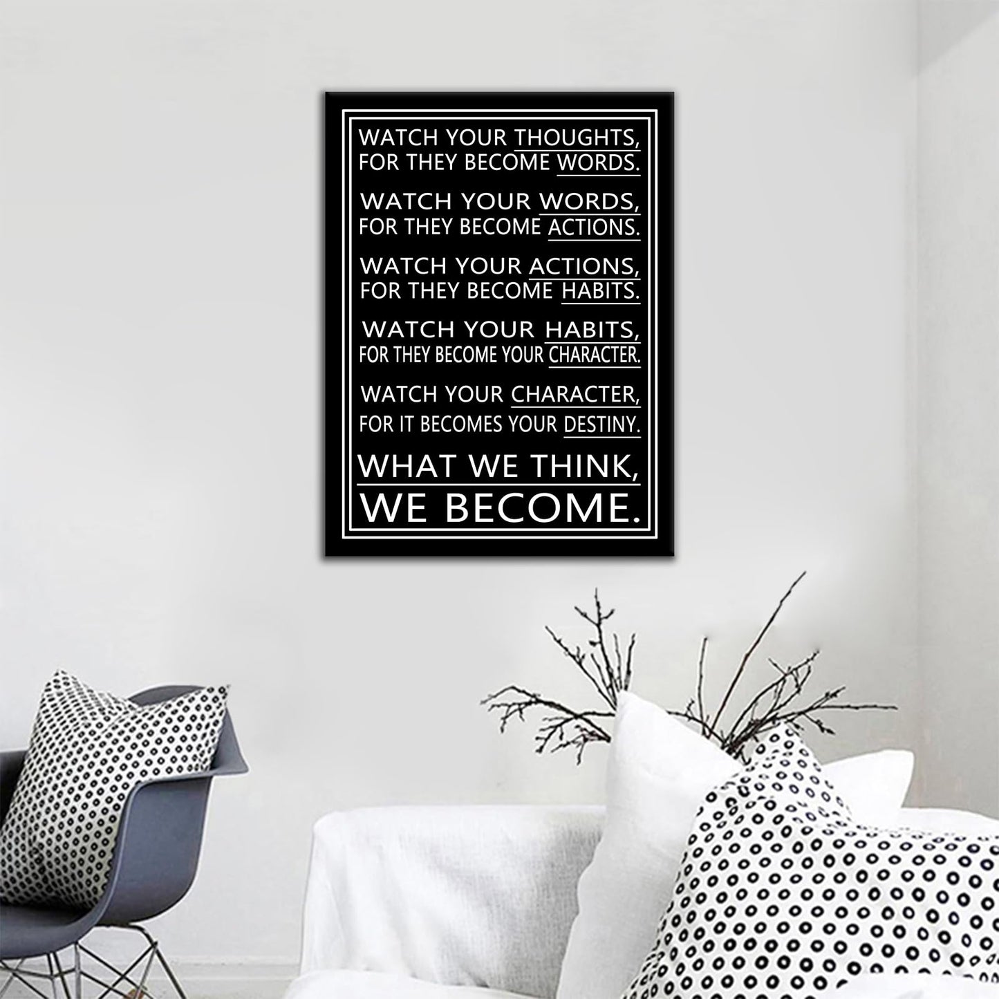 DINGFUN Inspirational Posters Watch Your Thoughts Quote Wall Art, Black White Canvas Poster, Single Panel Framed Decor for Bedroom Dorm Classroom, 24x18 Inch Display Print