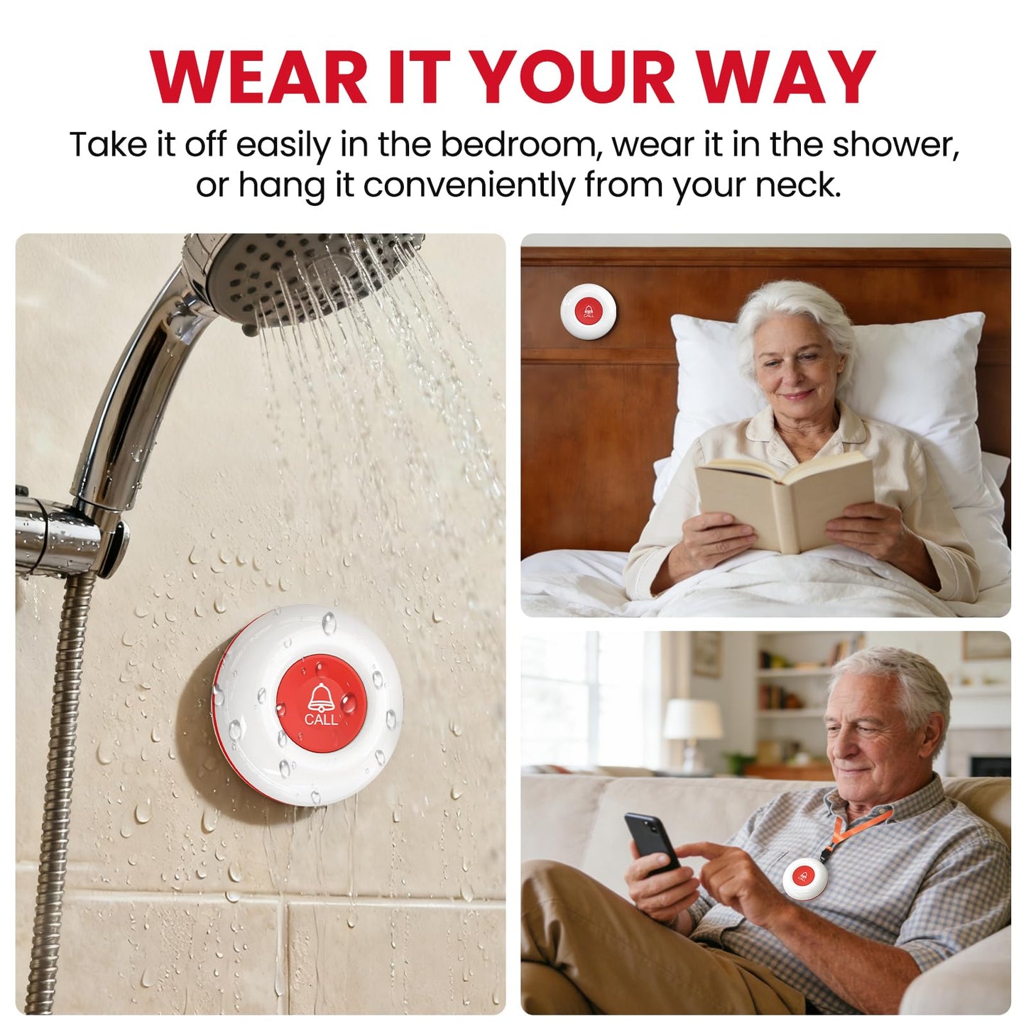 CallToU Wireless Caregiver Pager Waterproof Call Button Vibration Call Bell for Elderly at Home Disabled Patient Elderly Monitoring Nurse Calling 2 SOS Panic Buttons/Transmitters 500FT 2 Receivers