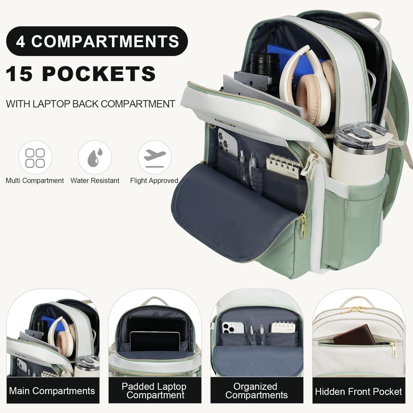VANKEAN Laptop Backpack for Women with Pouch Pocket for Large Capacity Tumbler, 15.6 Inch Laptop Computer Bag Travel Backpack Purse,Waterproof Work Business College Teacher Bags, Beige-Light Green