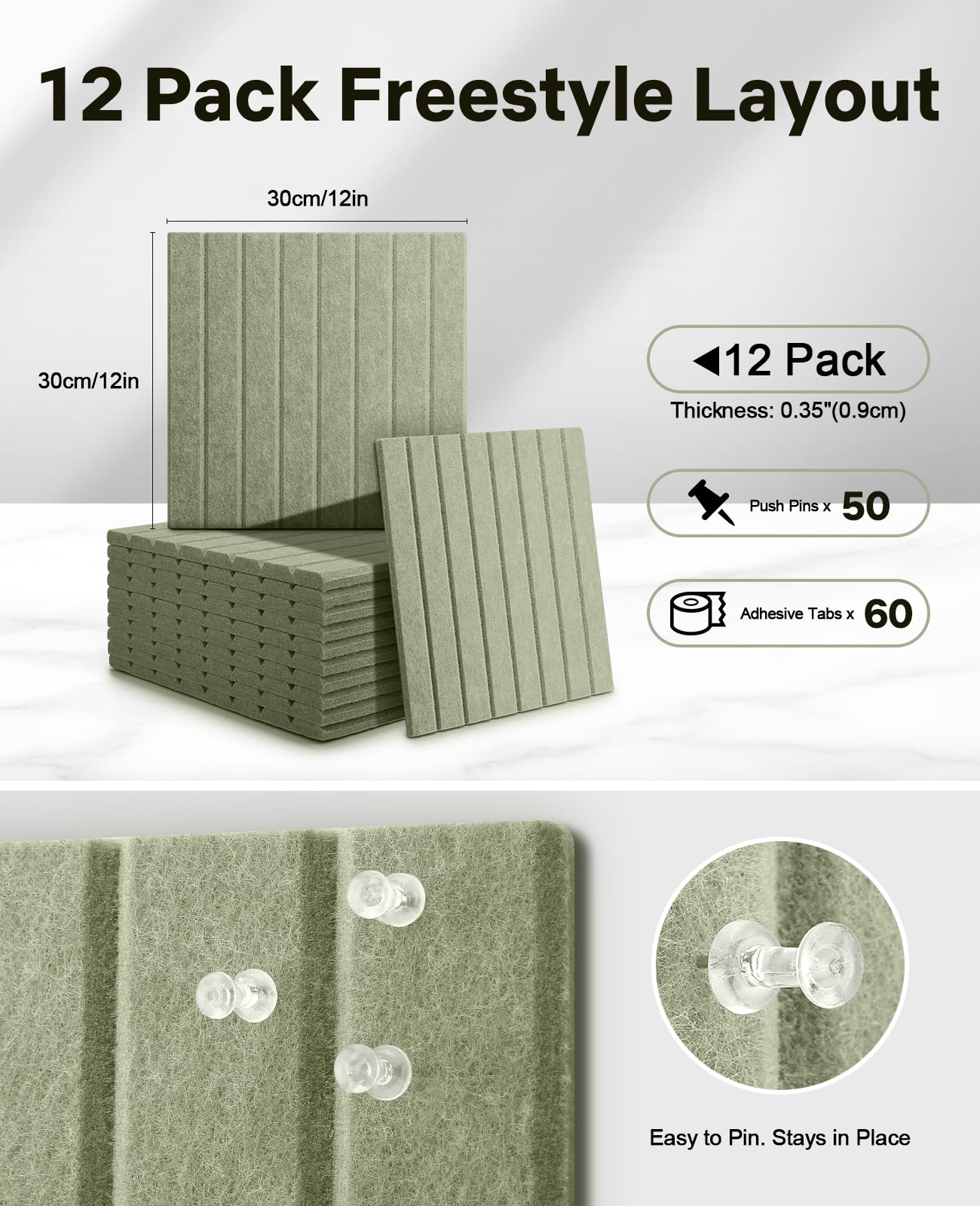 48" x 36" Large Cork Bulletin Board Tiles, Peel and Stick Felt Wall Panels for Vision, Message Center, Picture and Prayer Board for Office, Dorm, Room and Desk Decor(Sage Green)