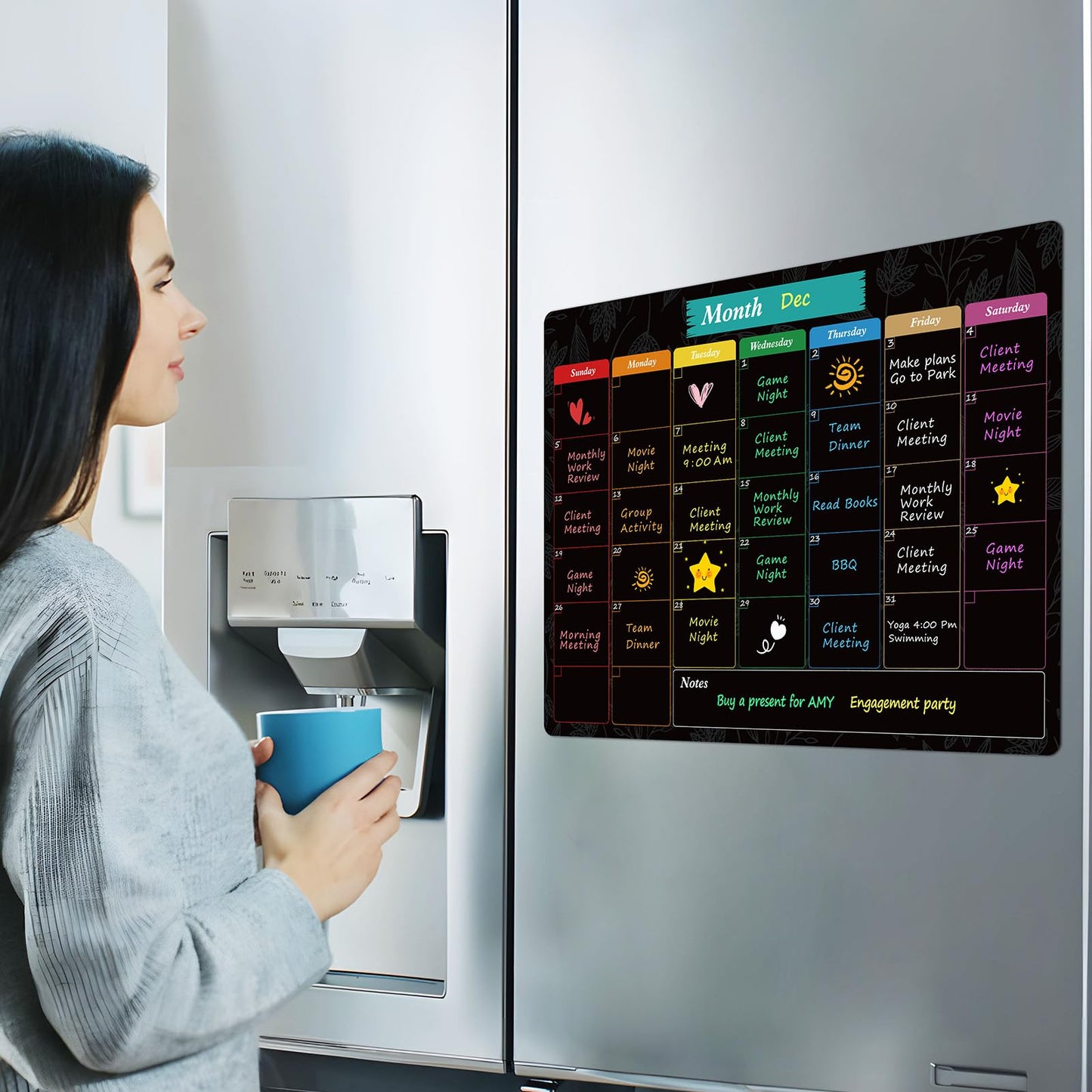 MaxGear Monthly Black Magnetic Calendar for Refrigerator, 16" X 12" Fridge Chalkboard, Magnetic Dry Erase Calendar White Board Planning Board for Fridge with 7 Fine Point Markers,1 Cloth