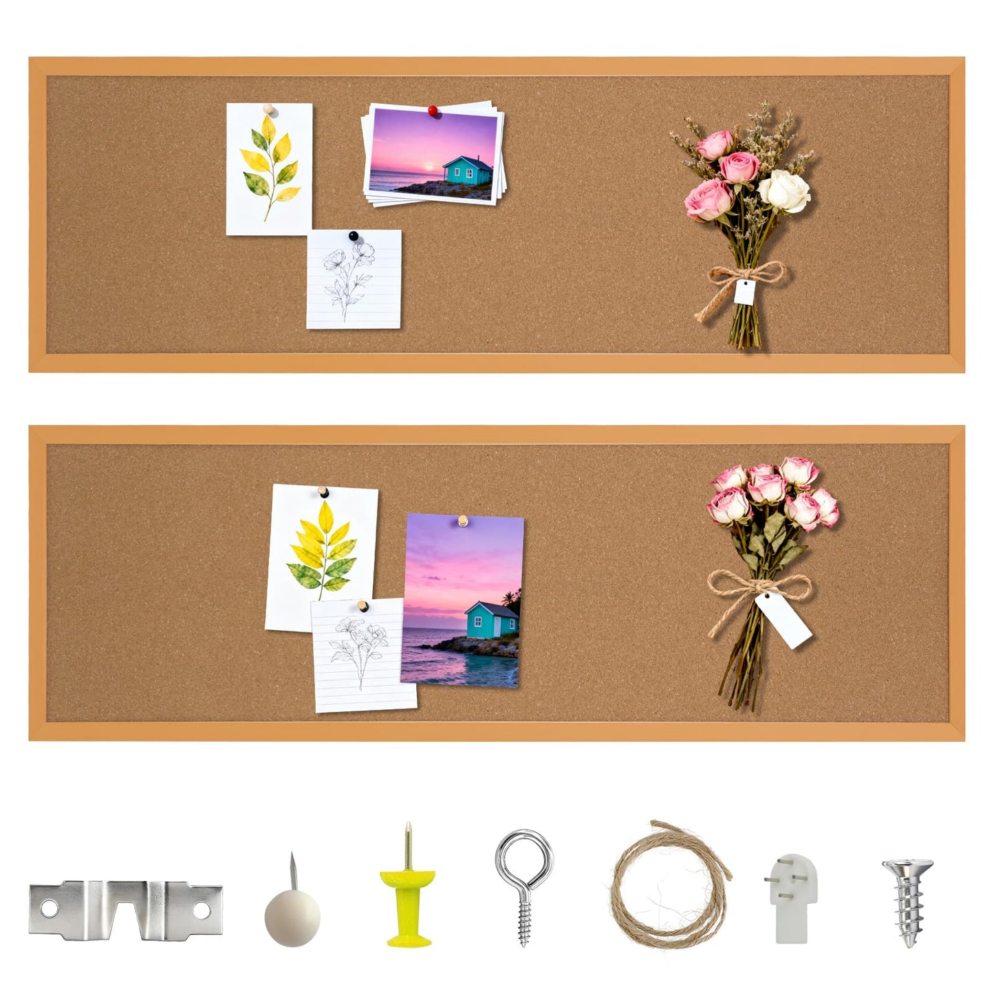 LECEHIVO 2 Pcs 12'' x 36'' Cork Bulletin Board Wall Mounted Framed Large School Message Corkboard with Installation Kit Push Pins for Home and Office Decor Vision Background (Brown)