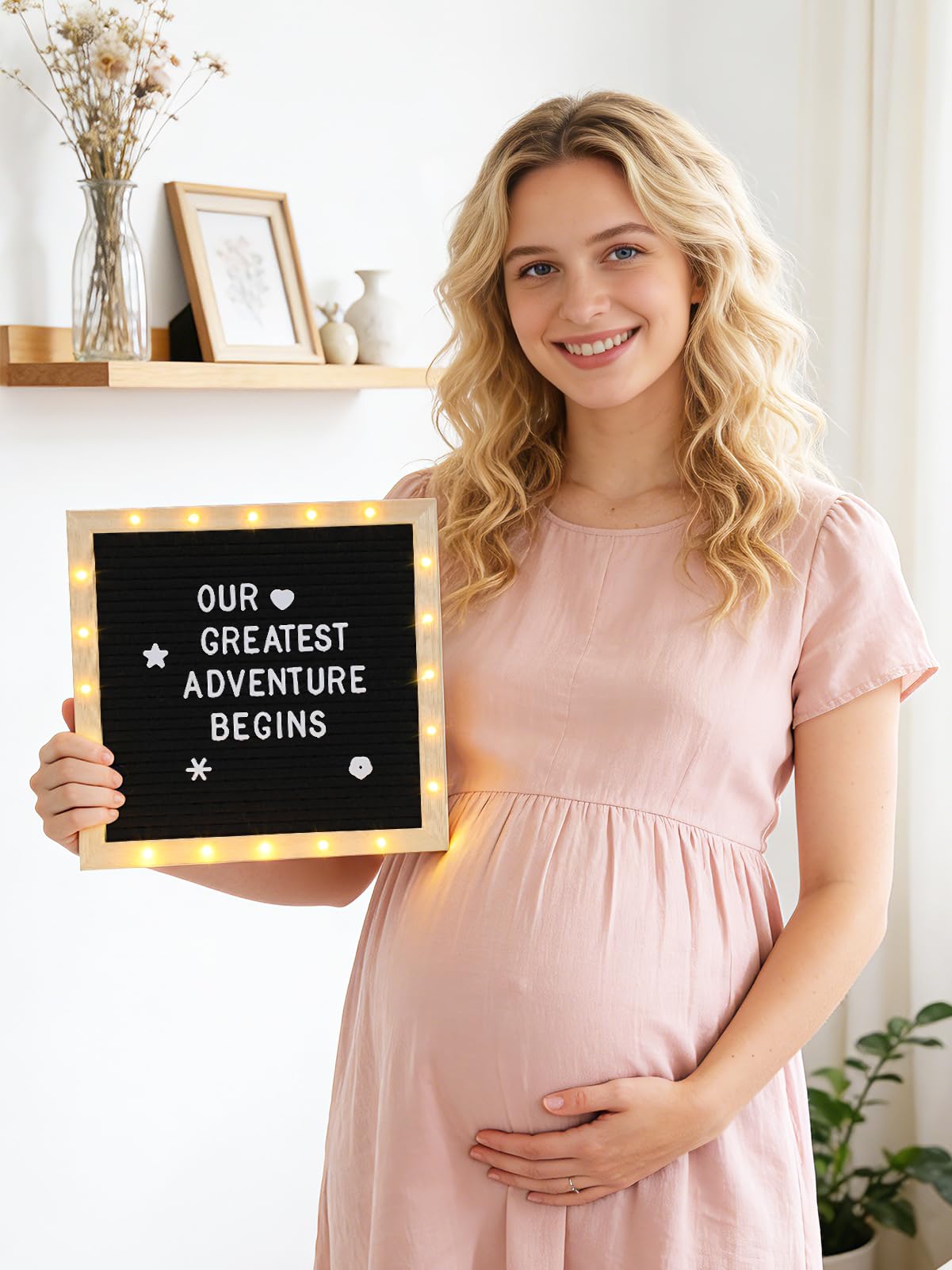 Felt Letter Board with LED Lights - 10 ×10" Custom Message Board with Changeable Letters & Stand, First Day of School Sign/Graduation/Pregnancy/Baby Announcement/Wedding/Classroom Decor, Black