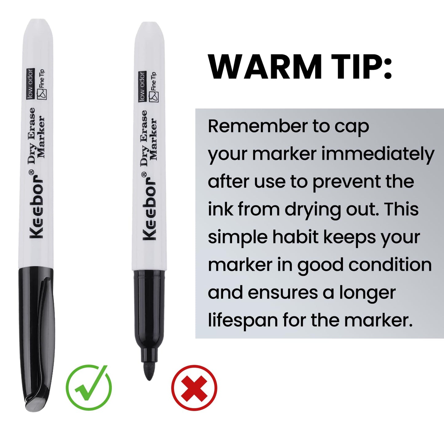 Keebor Fine Tip Dry Erase Markers - Bold Black, Long-Lasting ink, Low-Odor - 72 Pack Whiteboard Markers Bulk for Home, Office, Back to School Supplies
