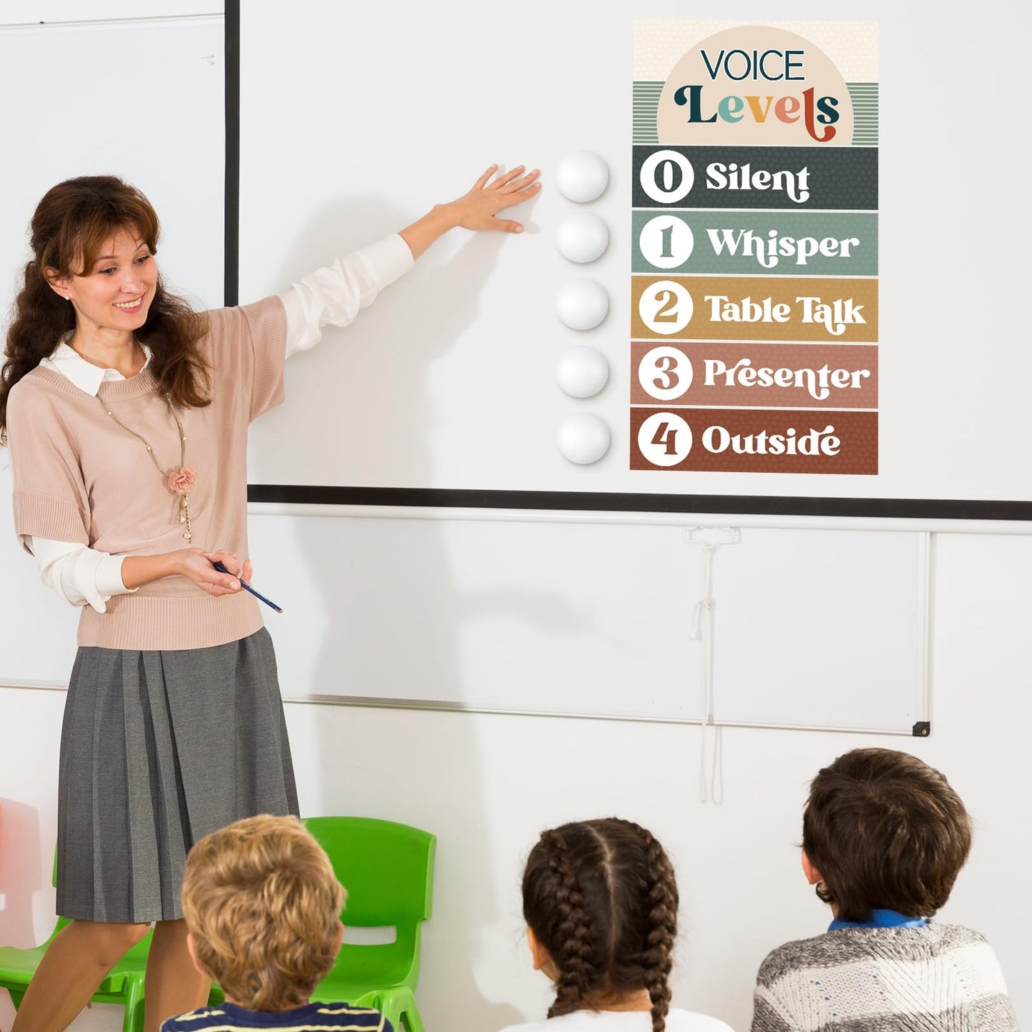 Glooglitter 5 Pcs School Magnetic Voice Level Chart Poster and Push Light Boho Classroom Decor LED Tap Light Chart Noise Voice Level Rules Sign for Classroom Teachers Back to School Supplies