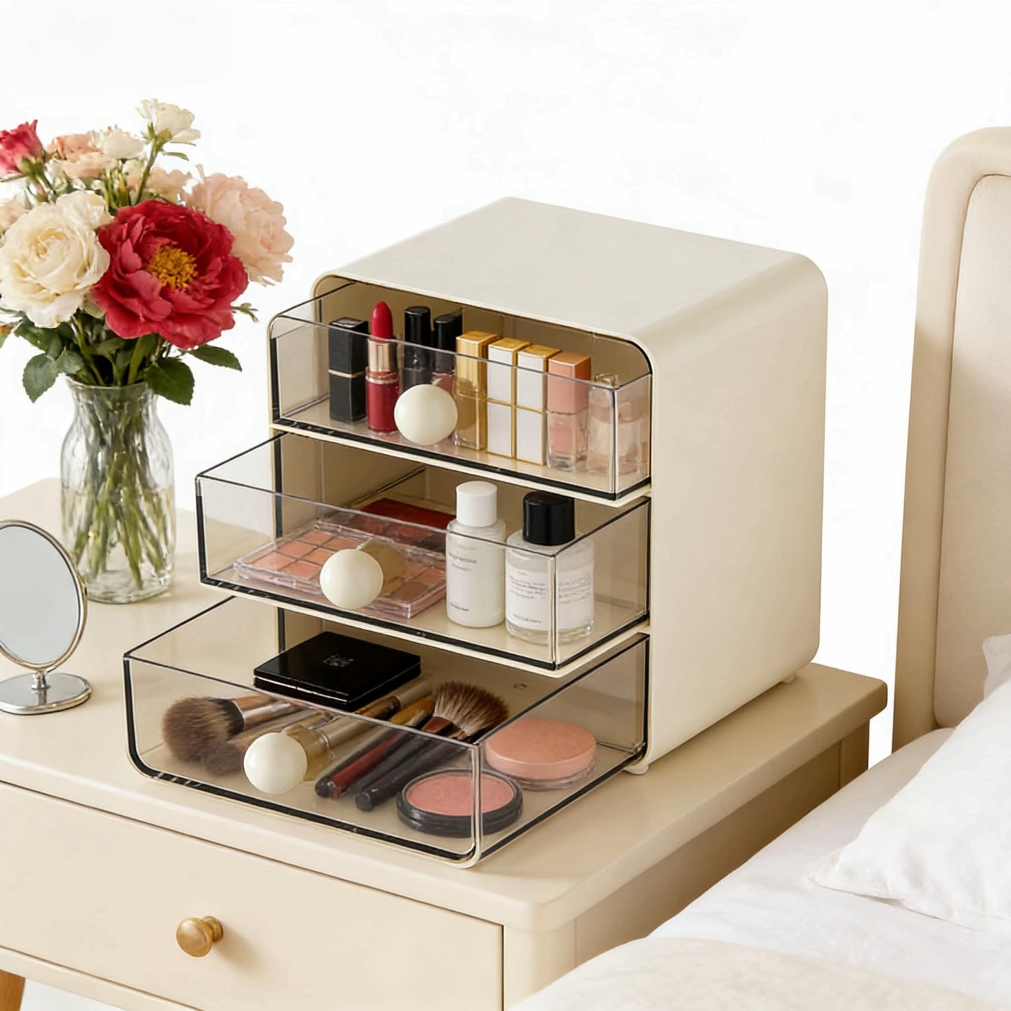 Aitoubil Desk Organizer with 3 Drawers,Plastic Desktop Storage Box for School,Home,Office Supplies,Makeup,Kitchen,Pencils,Chargers,Letter (Cream)