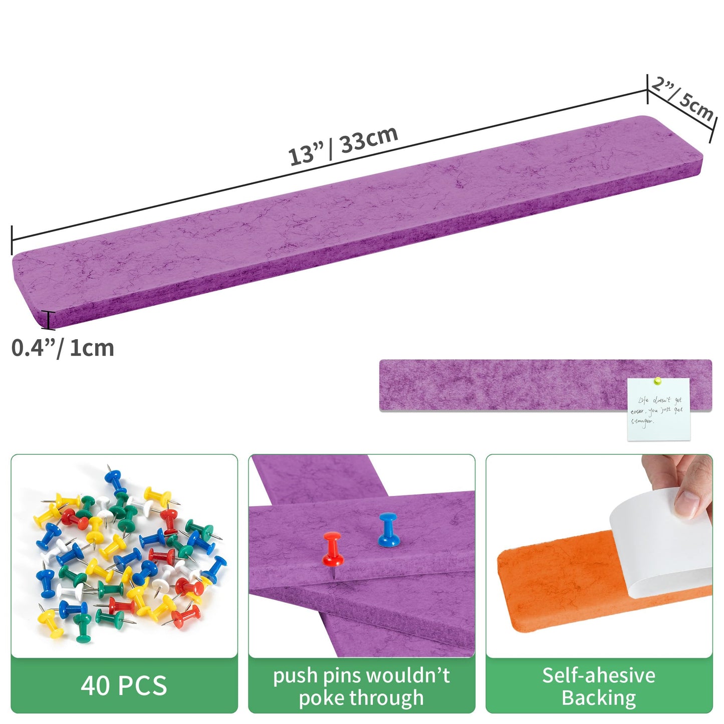 GoTiling Cork Board for Walls - 8 Pack Felt Pin Board Bar Strips - Self-Adhesive Lightweight Bulletin Board - Cork Board for Office with 40 Push Pins No Damage for Wall (Rose)