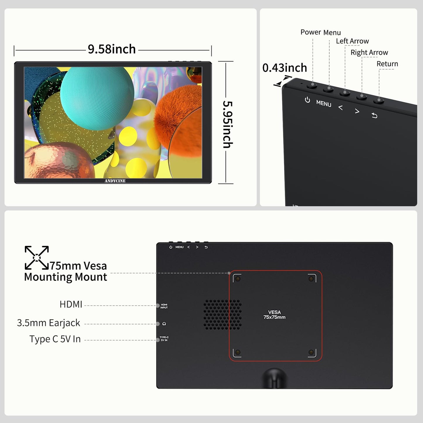 ANDYCINE N10 10.1inch 1920x1200 Touchscreen HDMI Monitor with Build-in Speakers 75mm Vesa, H/V Rotation Mirror Function Support HDCP Teleprompter Monitor Compatible for for Laptop,PC,Game Consoles
