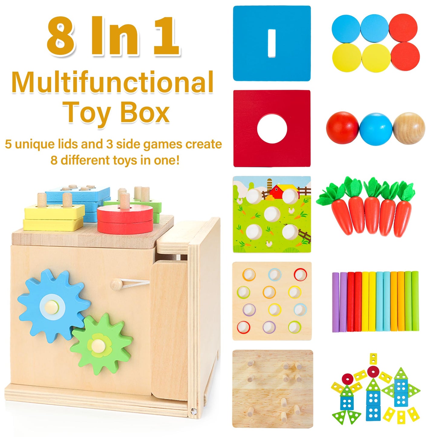 Kizfarm Wooden Montessori Baby Toys, 8-in-1 Wooden Play Kit Includes Object Permanent Box, Coin Box, Carrot Harvest, Shape Sorting & Stacking - Birthday Gift for Boys Girls Toddlers