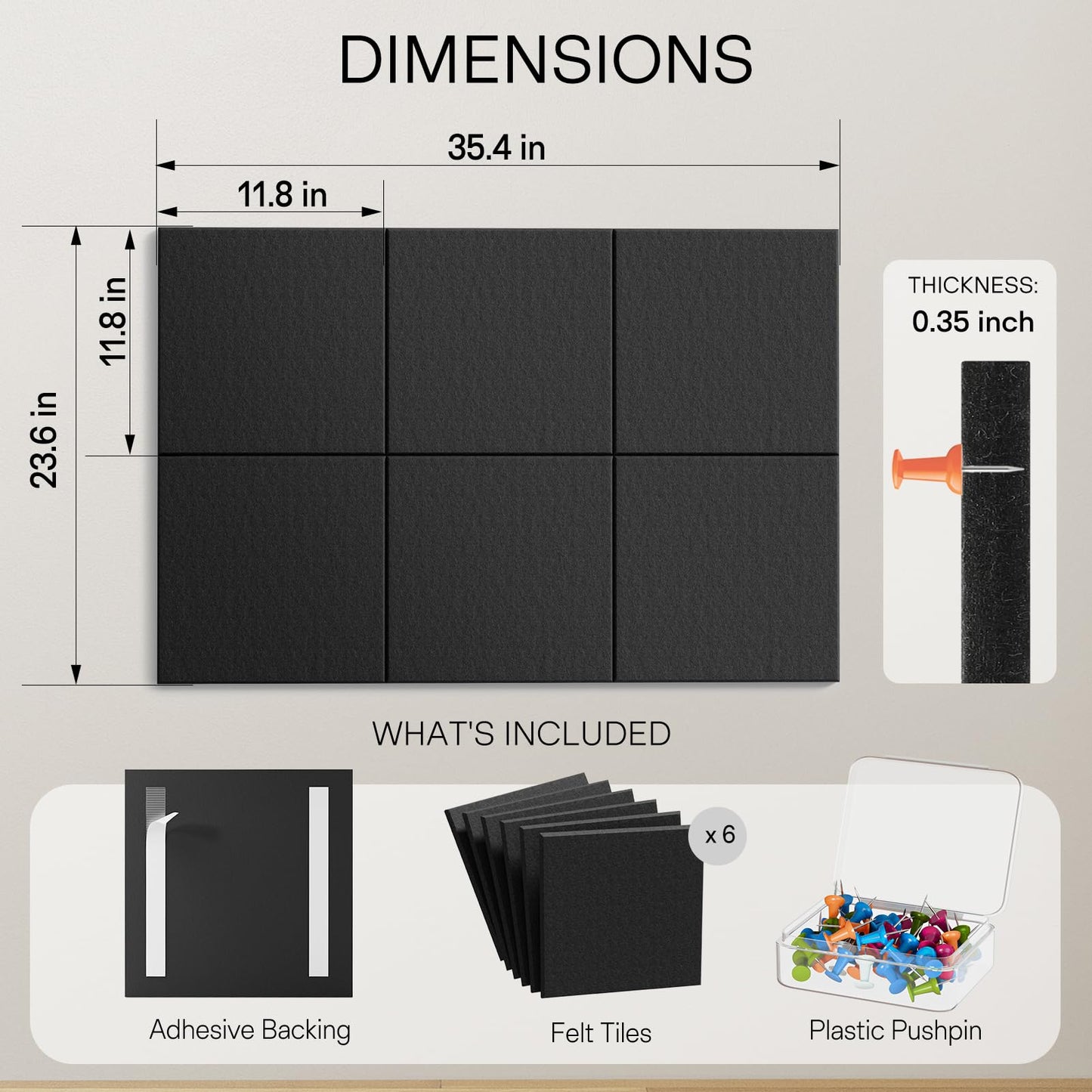 MaxGear Large Felt Bulletin Board 36" x 24", Cork Board Alternative, 6 Pack Black Felt Wall Tiles with Push Pins, Cork Boards for Walls Pin Board for Office & HomePanels