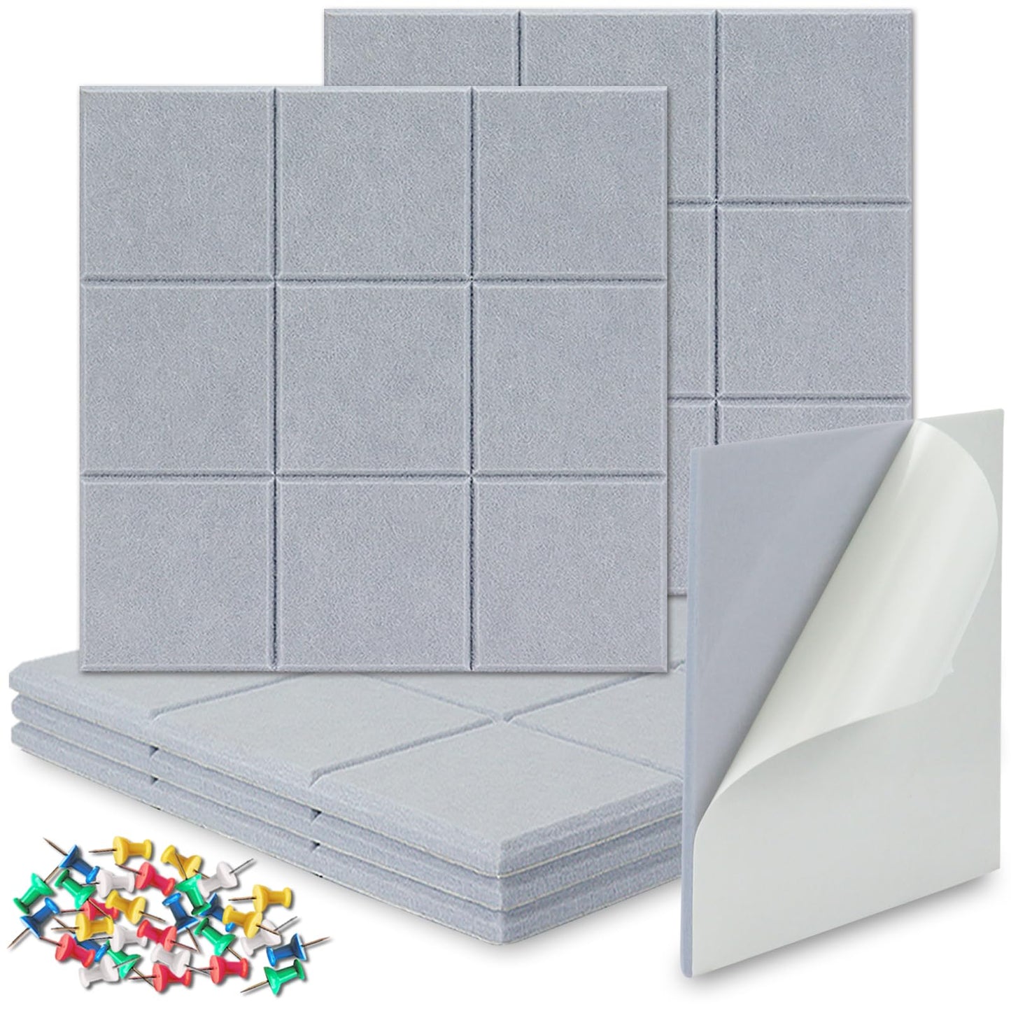 BXI Felt Bulletin Board - 12 X 12 X 0.4 Inches 6 Pcs Self-Adhesive Poster Cork Board with 30 Push Pins, Thick Pin Tiles Display Vision Board, Photo Picture Panels for Home Office Classroom Walls