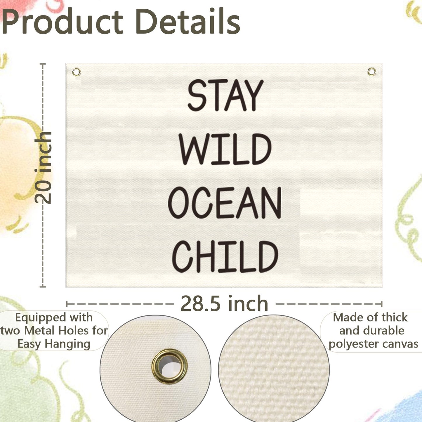 Nursery Canvas Banner Wall Decor-Hanging Rectangular Poster Flag Sign Art for Baby Kids Newborn Nephew,Bedroom Playroom Babyroom Door Decor,Stay Wild Ocean Child Quote,Christmas Gift 28.5"L x 20"W