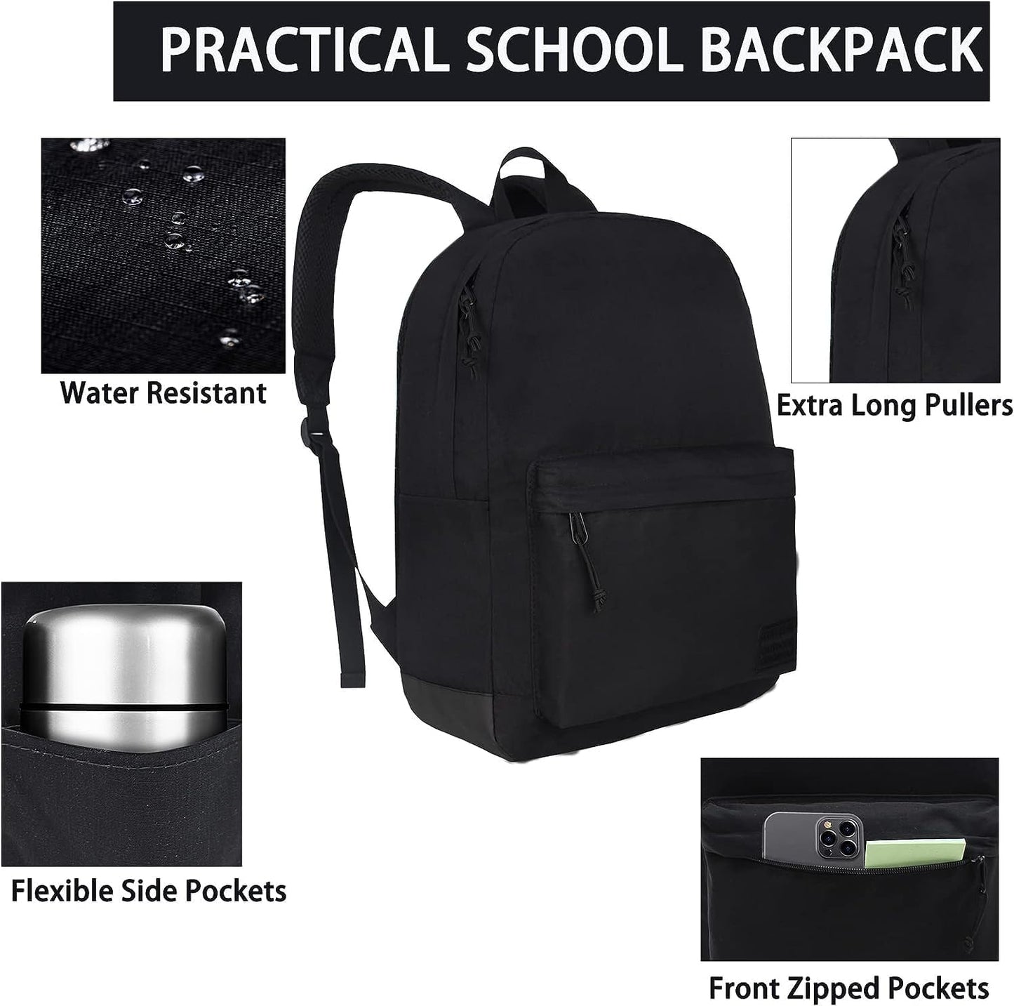 SUPACOOL Casual Laptop Backpack for Men and Women, Work backpack, Black Backpacks, College School Backpack for Boys and Girls, Lightweight Travel Back Pack(Black)