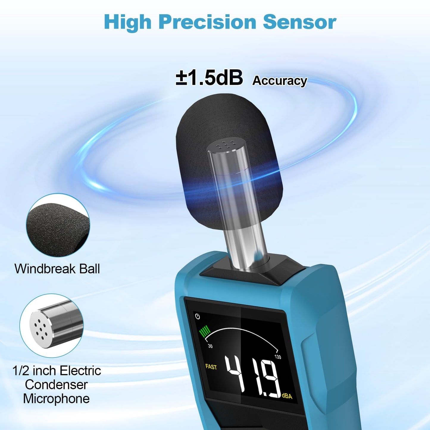 Decibel Meter, DURFICST Sound Level Meter with LCD Color Screen, 30-130dB SPL Meter with A/C Weighting, Data Hold, MAX/MIN,dB/SONE Unit,FAST/SLOW Response,for Home, Office, Factory, Noisy Neighbors