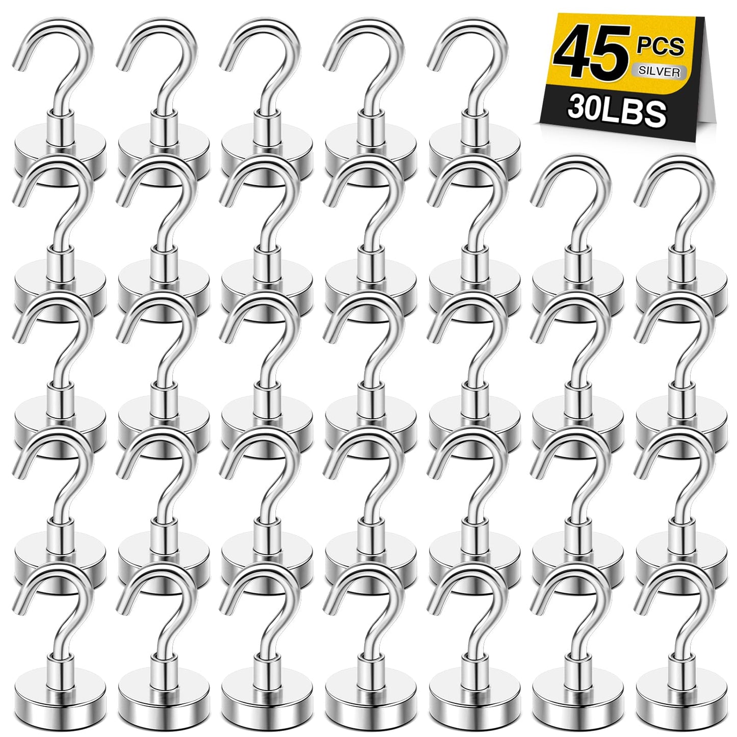 DIYMAG Magnetic Hooks for Refrigerator, Extra Strong Cruise Hook, Heavy Duty Earth Magnets with Hook for Hanging, Magnetic Hanger for Cabins, Grill (45P-Silver)