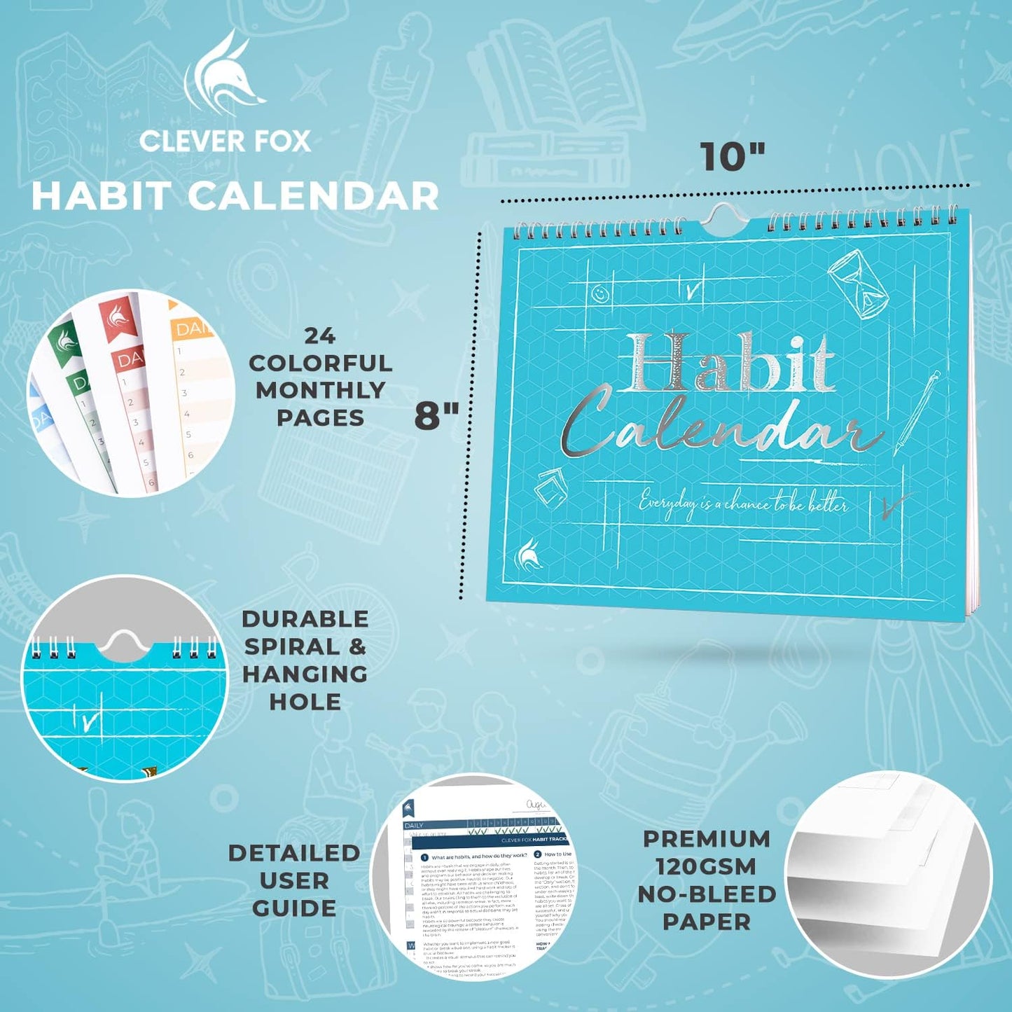 Clever Fox Habit Tracker Calendar – Inspirational Goal Tracker and Habit Calendar for Atomic Habits – Colorful Habit & Goal Planner Journal to Boost Productivity – 24 Months, 10″ x 8″ (Turquoise)