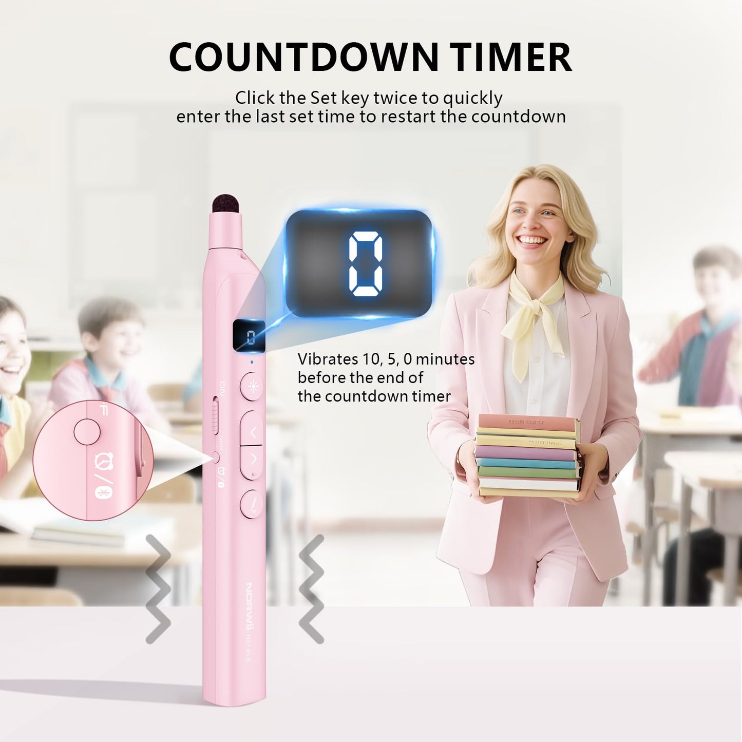 Norwii N21 Bluetooth Presentation Clicker with Telescopic Teaching Pointer, Presentation Remote with Retractable Stick for PowerPiont, Wireless Presenter, Slide Advancer - Pink