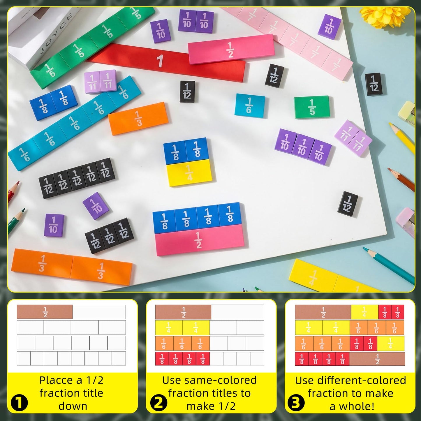 Sayglossy 12 Sets Fraction Tiles Set for Classroom Rainbow 11.8 x 8 in Fraction Strips Bars Math Manipulatives Montessori Math Materials for Home Learning School Educational (Muted Color)
