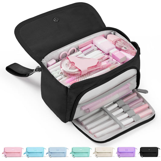 Sooez Super Large Pencil Case, Big Capacity Pencil Bag with 3 Compartments, Aesthetic Pencil Pouch with Zipper, Pencil Case Organizer, Aesthetic School Study Supplies Stuff, Black
