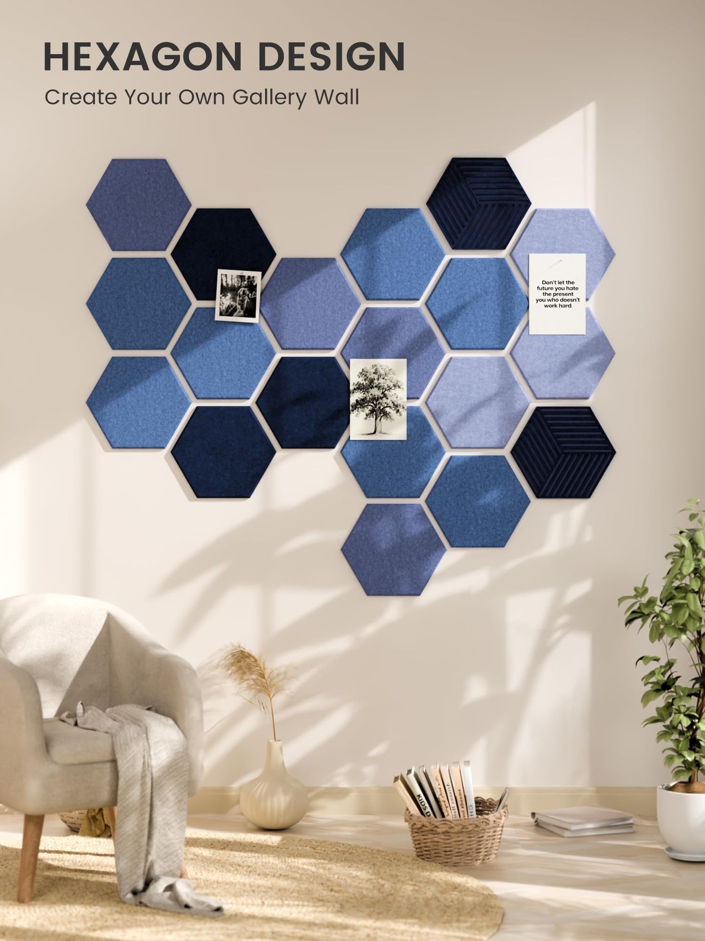 Fluxynara Hexagon Cork Board Alternative for Walls Decor-10-Pack Felt Bulletin Board Tiles,with 30 Pushpins,50 Adhesive Tabs for Office,Classrooms & Home Pin Board Felt Board-Denim Mist