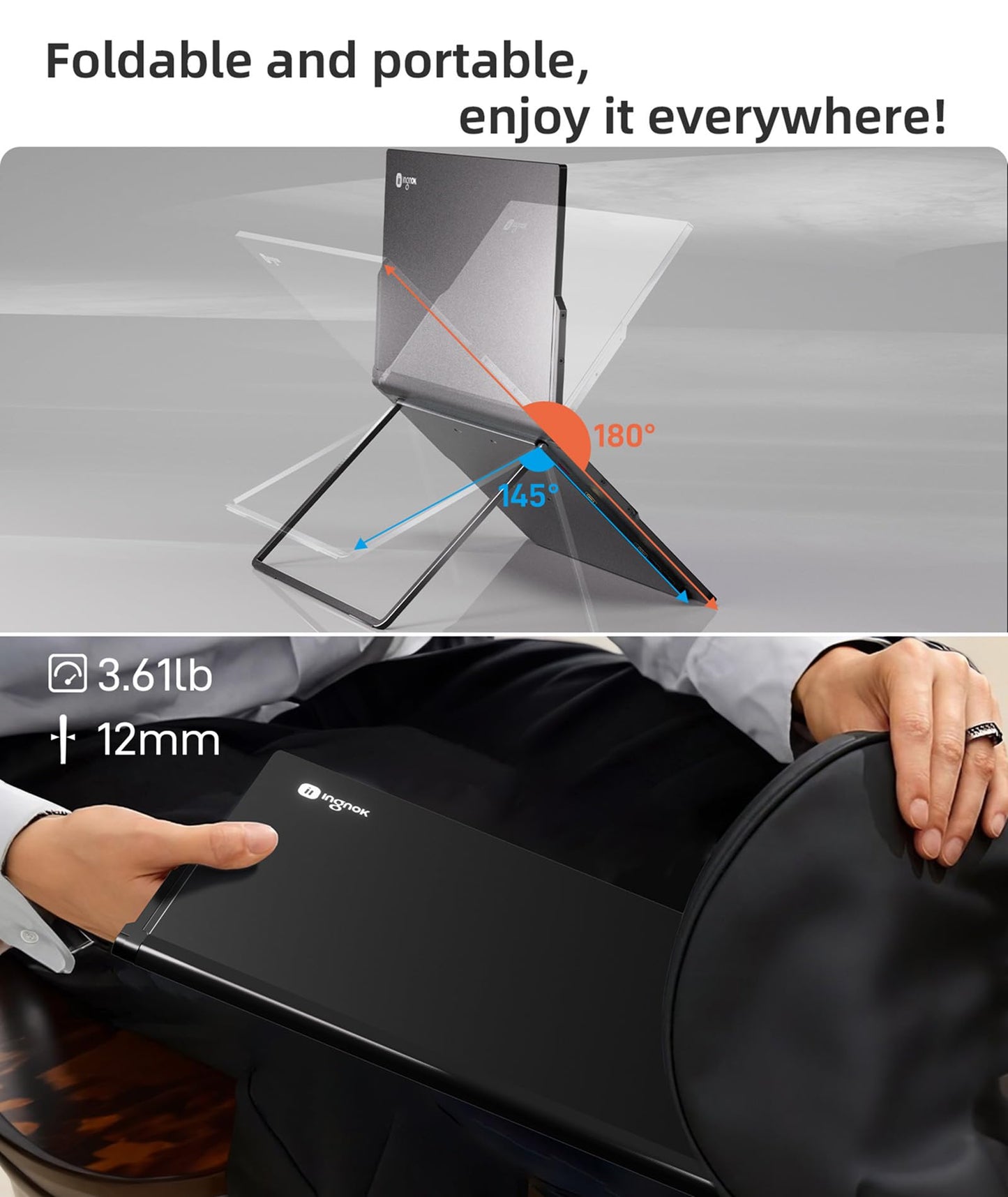 Ingnok Dual Portable Monitor,15.6inch FHD 1080P Screen with USB-C mini HDMI, Foldable Screen Design,Portable Dual Monitor Compatible with Windows/Mac, Easy Setup for Work