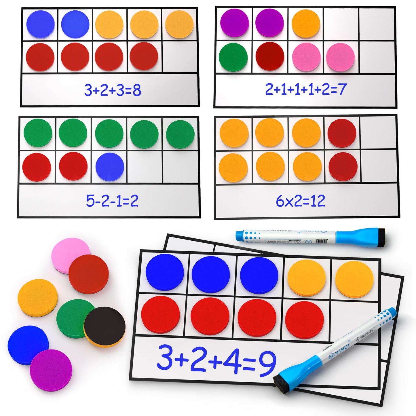 TOMMYHOME Magnetic Ten Frame Set of 74 PCS,Kindergarten Math Classroom Must Have counters,Educational Math Game Toys Suitable for Kids 5-7. (Circular)