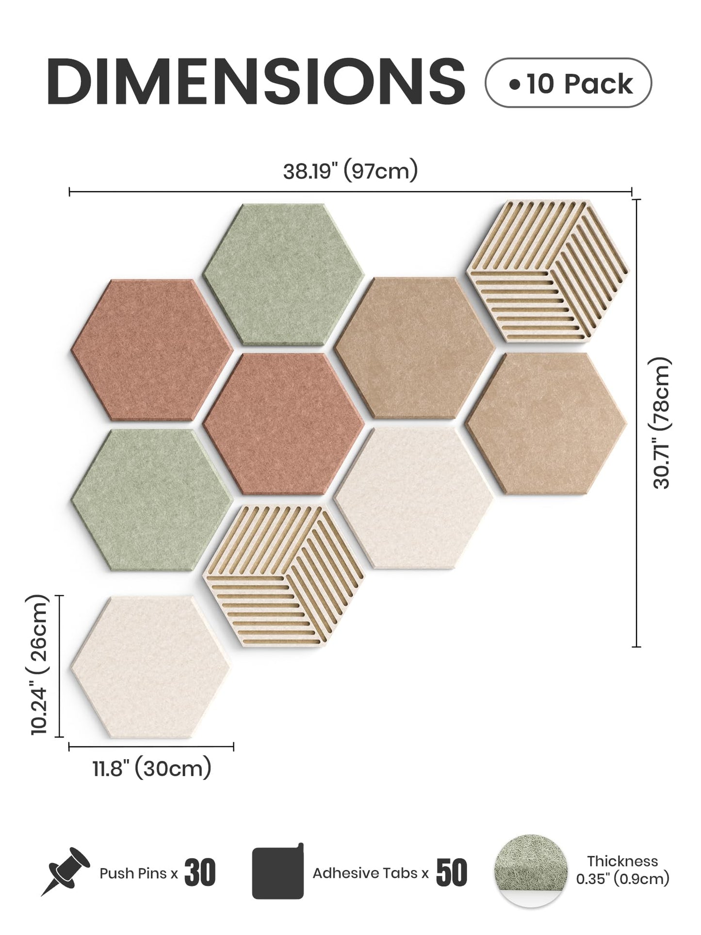 Fluxynara Hexagon Cork Board Alternative for Walls Decor-10-Pack Felt Bulletin Board Tiles,with 30 Pushpins,50 Adhesive Tabs for Office,Classrooms & Home Pin Board Felt Board-Boho
