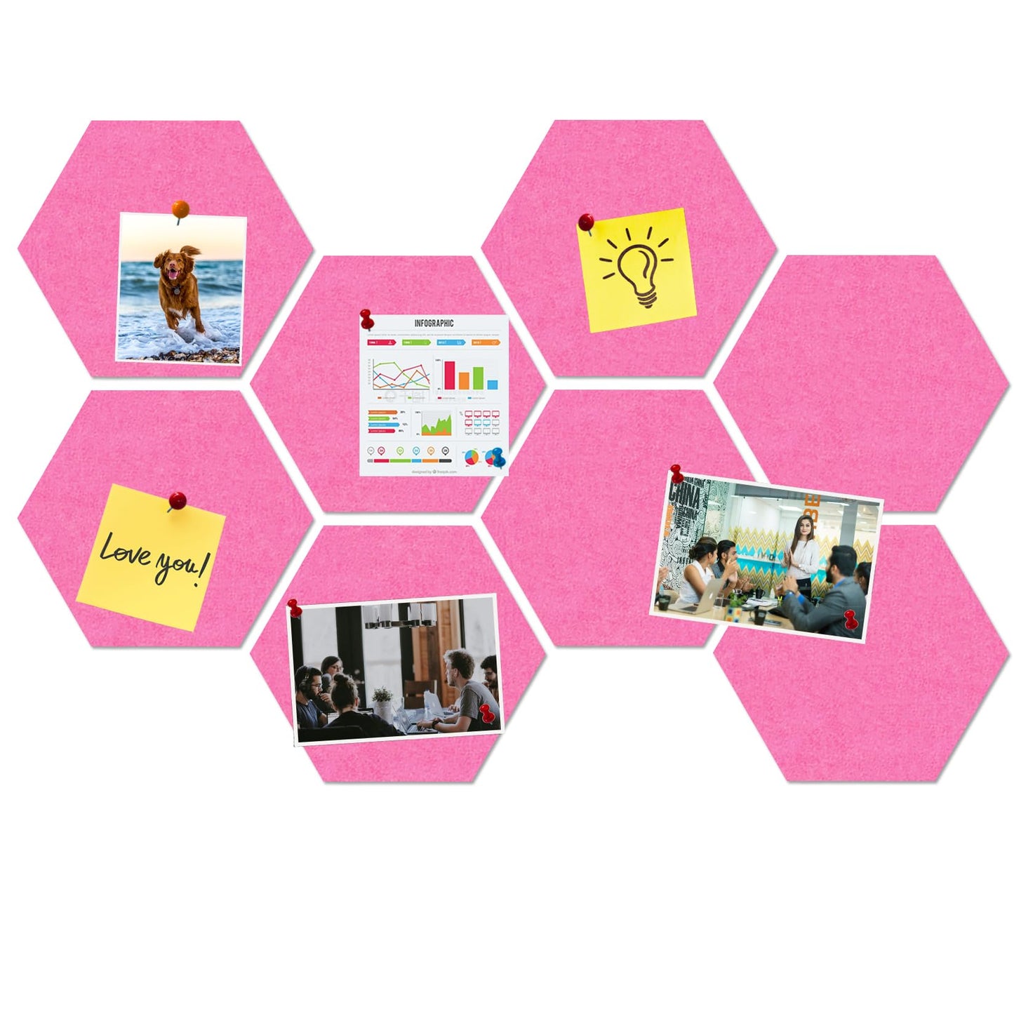 HULAVO Large Hexagon Felt Cork Board Tiles, Self Adhesive DIY Felt Bulletin Board Pin Board with 35 Pushpins for Office School Home Wall Decor Stickers Memos Photos Display(Pink)