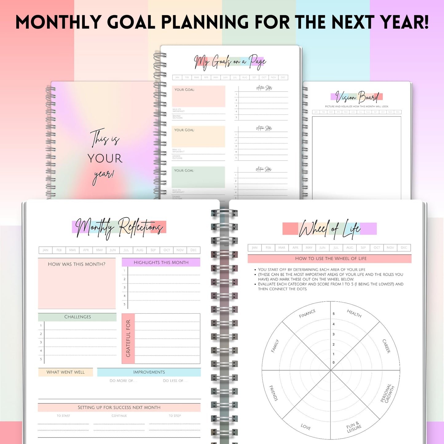 Goal Planner | SMART Goal Setting Kit for the New You, Monthly Habits, Reflections & Vision Boards | Pastel Rainbow A5