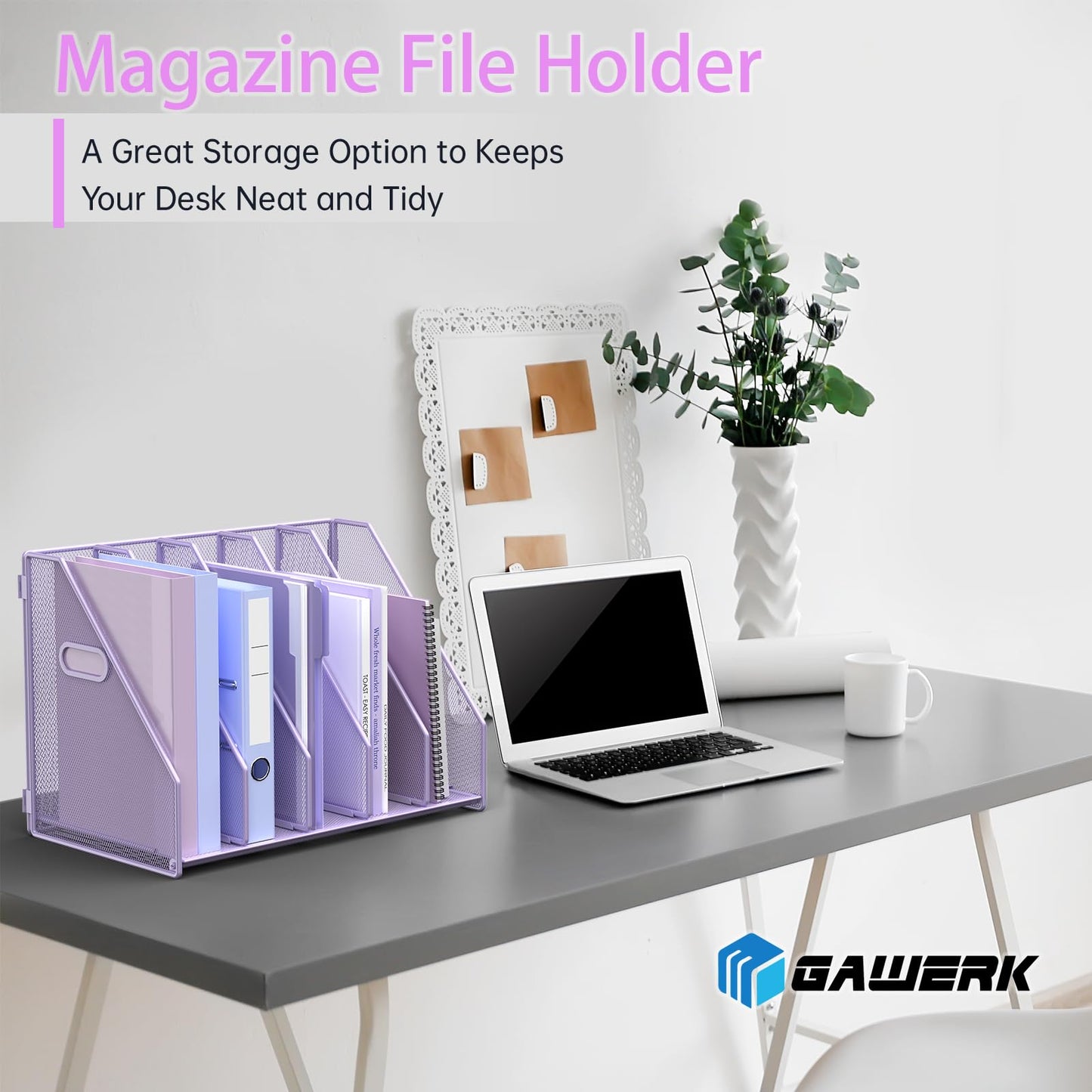 MINDEPOT Desk File Organizer Metal Desk Magazine Folder Holder with 5 Vertical Compartments Rack File Organizer for Office, Home, School (Purple)