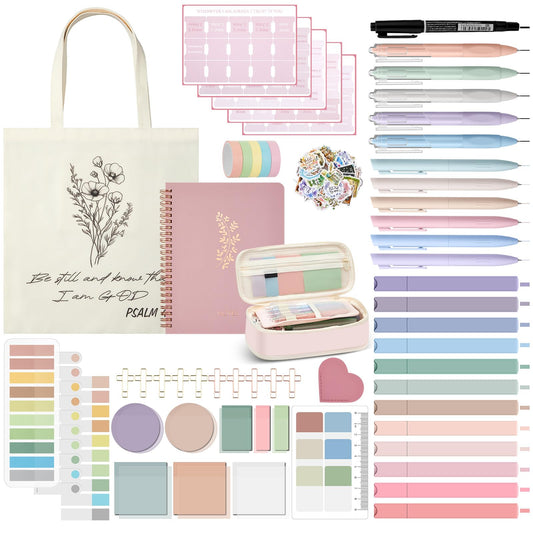 Jutom 110 Pcs Bible Study Supplies Bible Journaling Kit with Canvas Tote Bag Pen Case Notebook Highlighters Pen Sticky Note Tabs Page Markers Stickers Tape for Women Christian Christmas Gift(Pink)