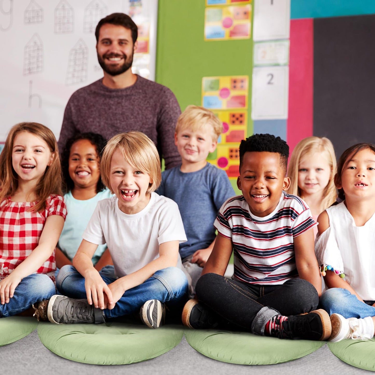 Fumete 12 Pcs Round Floor Pillows Cushions Seating 16 x 16 Inches Floor Round Cushions for Kids Toddlers Flexible Reading Chair Pillows for Classroom Home School Playing Supplies(Green)