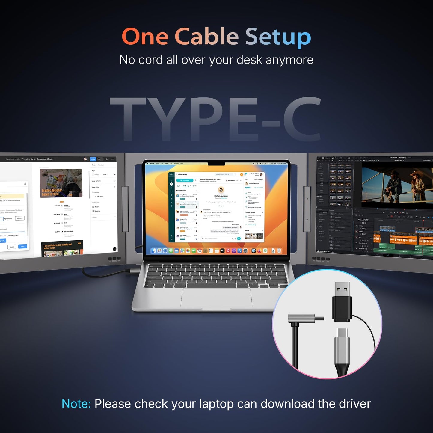 QQH 15.6" Laptop Screen Extender, Ultra-Slim Triple Portable Monitor, One Cable USB-C Dual Portable Monitor, Travel Monitor, Portable Laptop Monitor Extender for 12"-16" Laptops, MacOS/Windows/Android