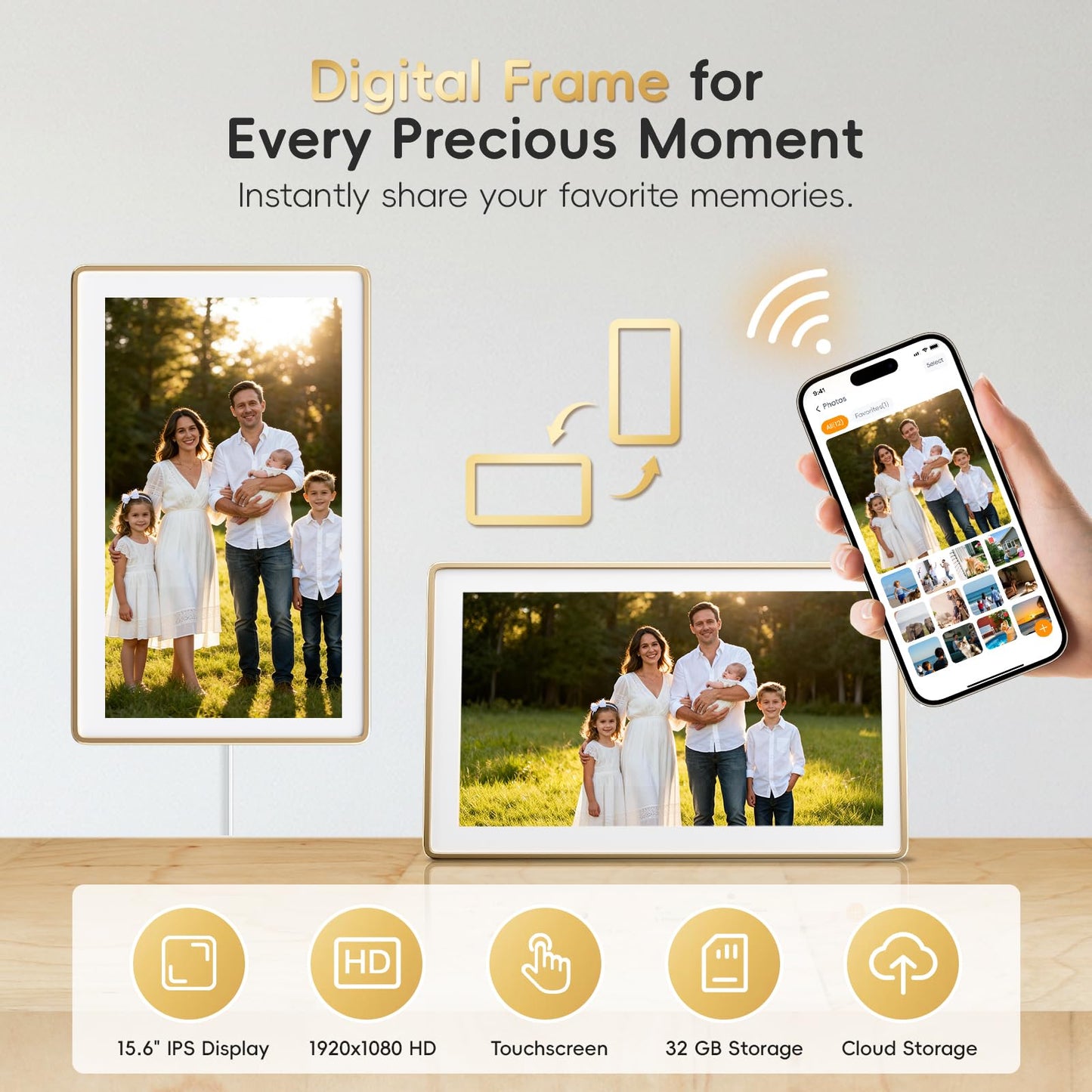 Westsee 15.6" Digital Wall Calendar Frame – Interactive Touchscreen Eletronic Calendars, Smart Family Planner for Schedule, Photo Display, Meals, Chore Chart & Tasks, Wall & Desk Mountable (Gold)