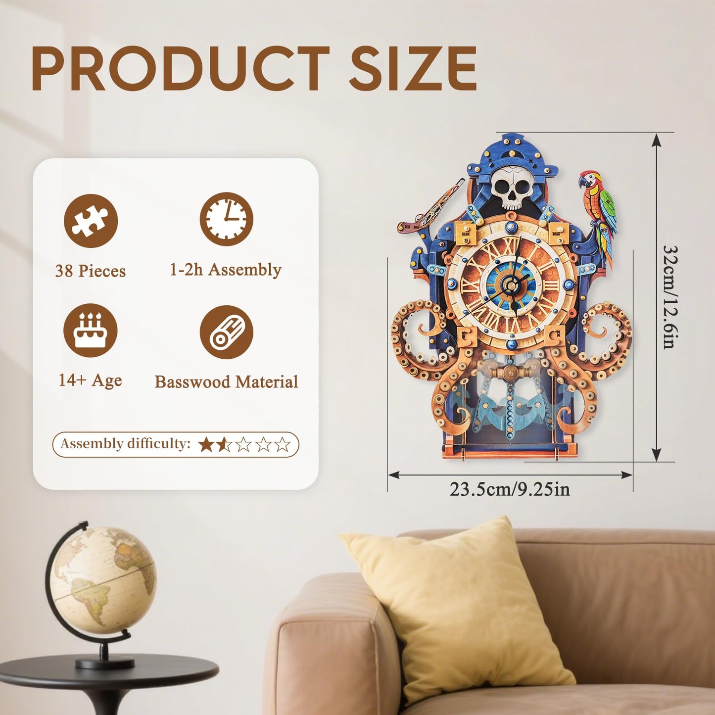 3D Puzzles for Adults Wooden Clock-Octopus Pirate Model Kit, Mechanical DIY Pendulum Clock with Roman Numerals-Home Wall Decor, Birthday Christmas Day Gift for DIY Lovers