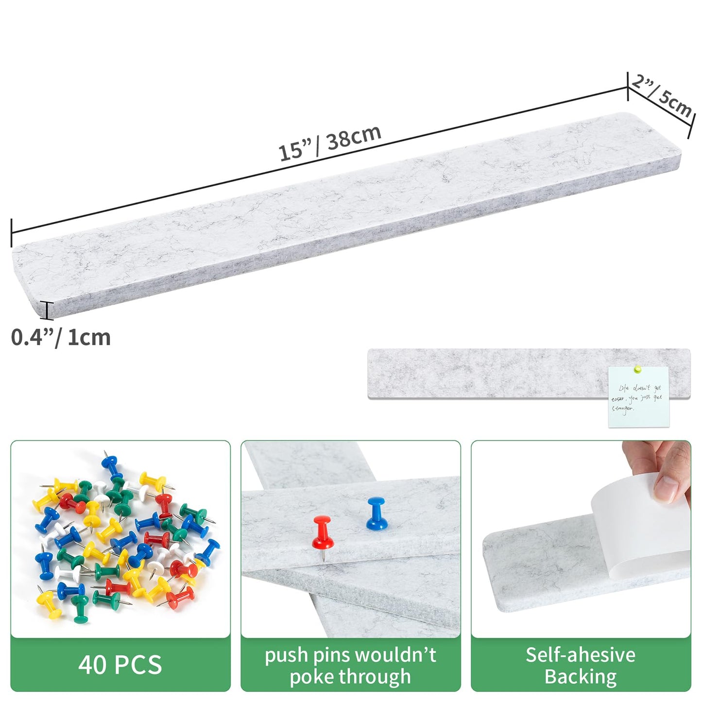 GoTiling Cork Board for Walls - 8 Pack Felt Pin Board Bar Strips - Self-Adhesive Lightweight Bulletin Board - Cork Board for Office with 40 Push Pins No Damage for Wall (Light Grey)