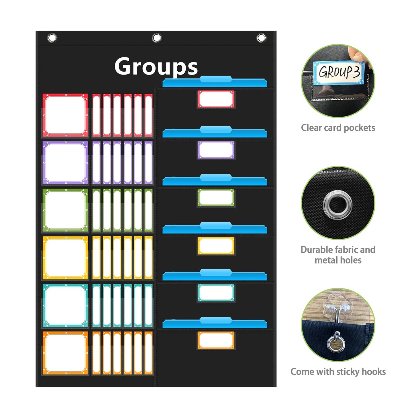 REGELETO Small Group Management Pocket Chart with 96 Cards Classroom Jobs Chart Small Group Organizer and on Task for School Teacher Homeschool Learning Supplies (Black)