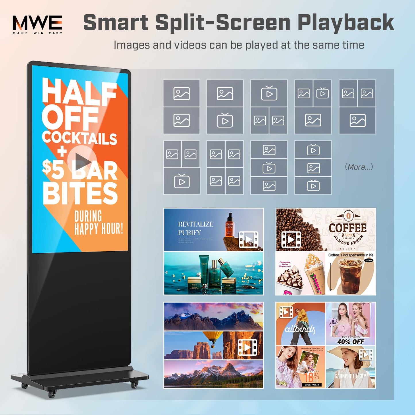 QIXZOCV MWE 49 Inch 4K Digital Signage Displays, Indoor Floor Standing LCD Screen Advertising Kiosk, Android System Commercial Totem with Custom Service, Vertical Monitor with Auto Media Player-Black