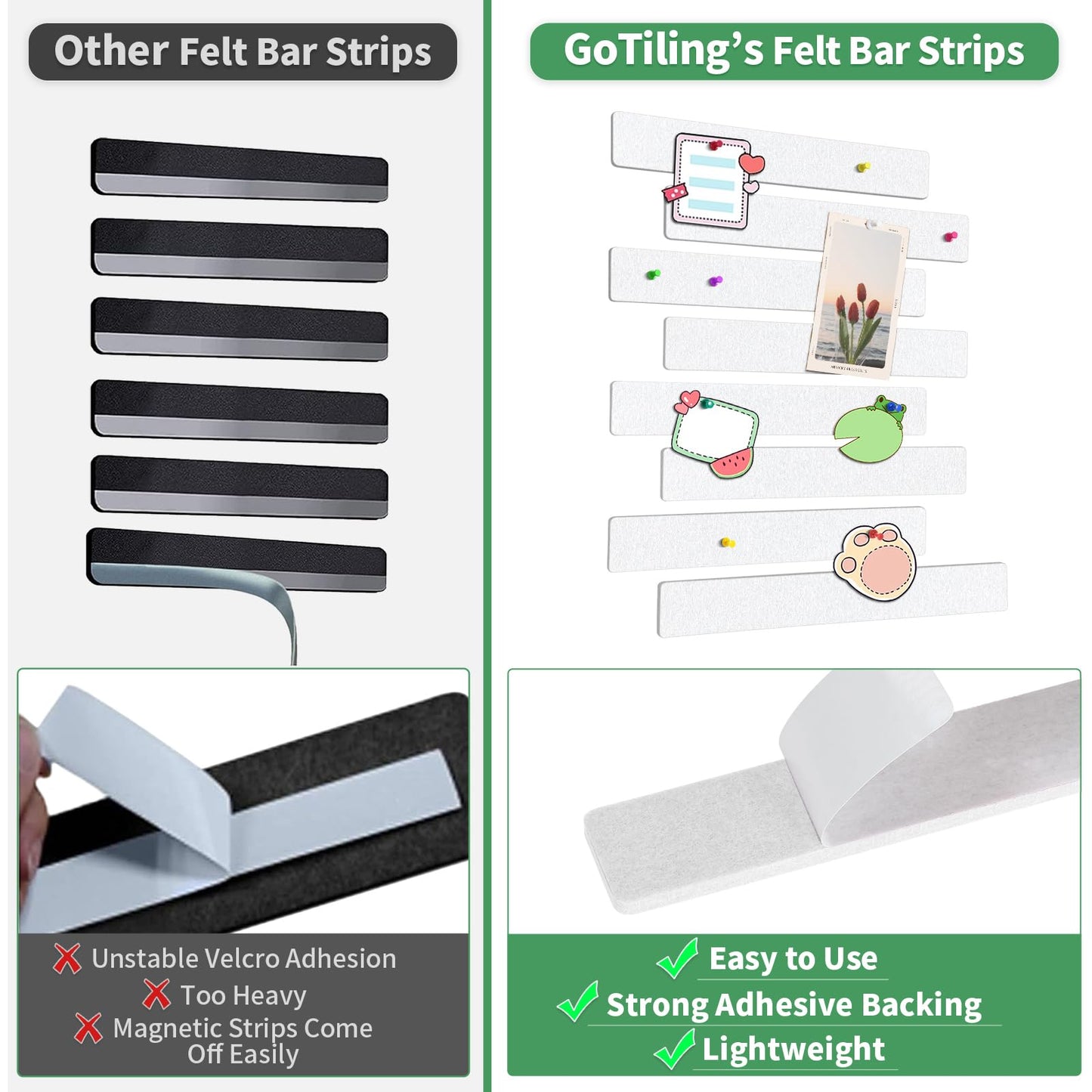 GoTiling Cork Board for Walls - 8 Pack Felt Pin Board Bar Strips - Self-Adhesive Lightweight Bulletin Board - Cork Board for Office with 40 Push Pins No Damage for Wall (White)