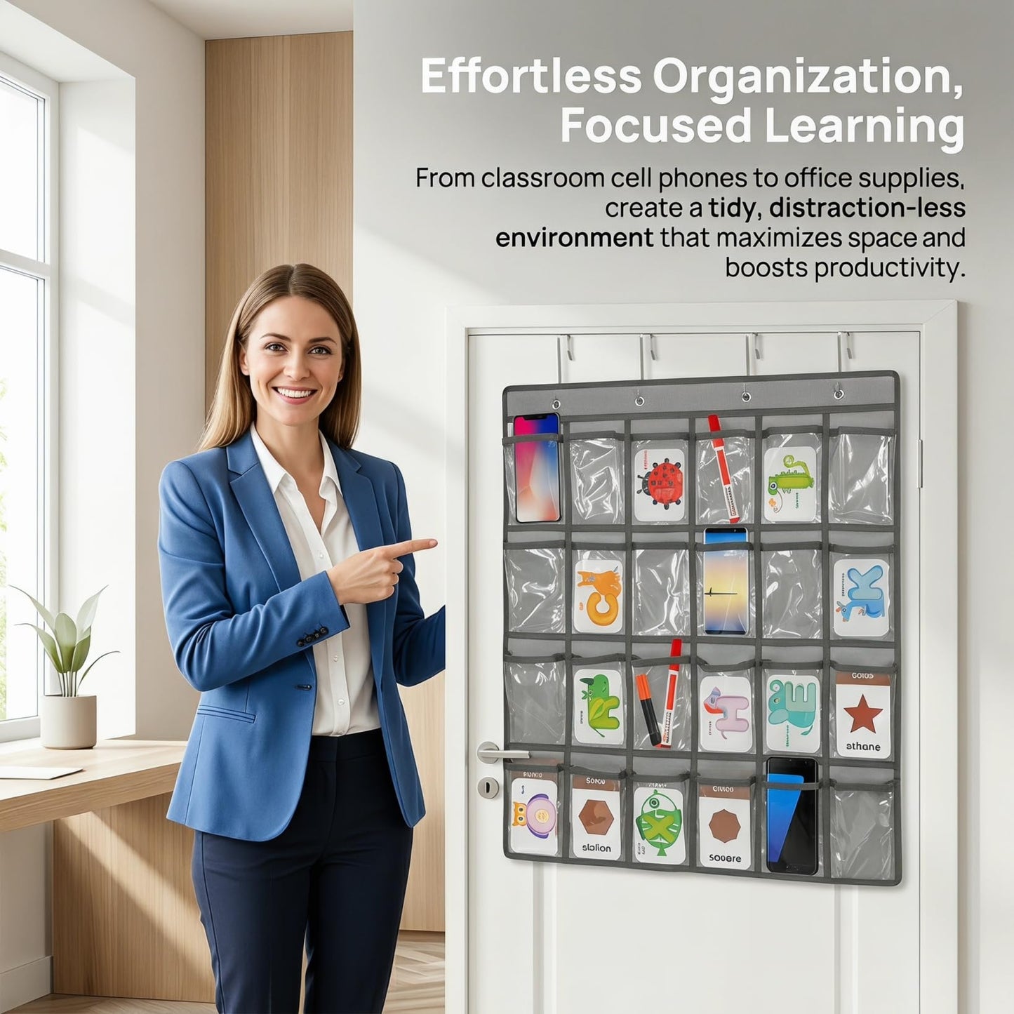 DOITOOL 24 Clear Pockets Classroom Pocket Chart for Cell Phones, Over the Door Hanging Organizer, Transparent Cell Phone Holder Organizer for Classroom, Calculator Pouch, Wall Jewelry Storage