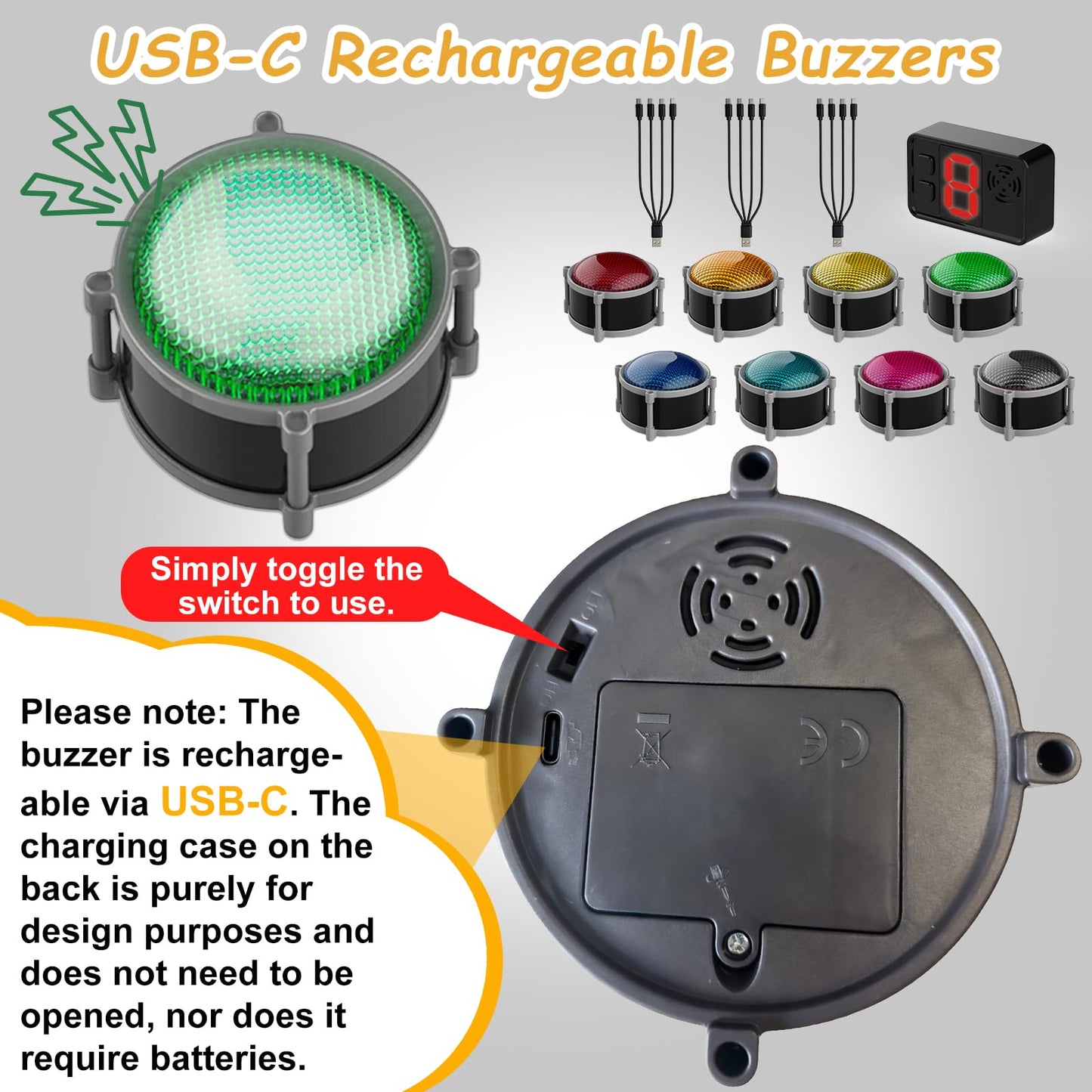 Buzzers for Trivia Games, Rechargeable Answer Buzzers for Classroom with Light, Show Who Buzzed First, 3-Second Auto Reset Buzzer System for Game Show, School, Jeopardy, Family Feud Night (8 Colors)