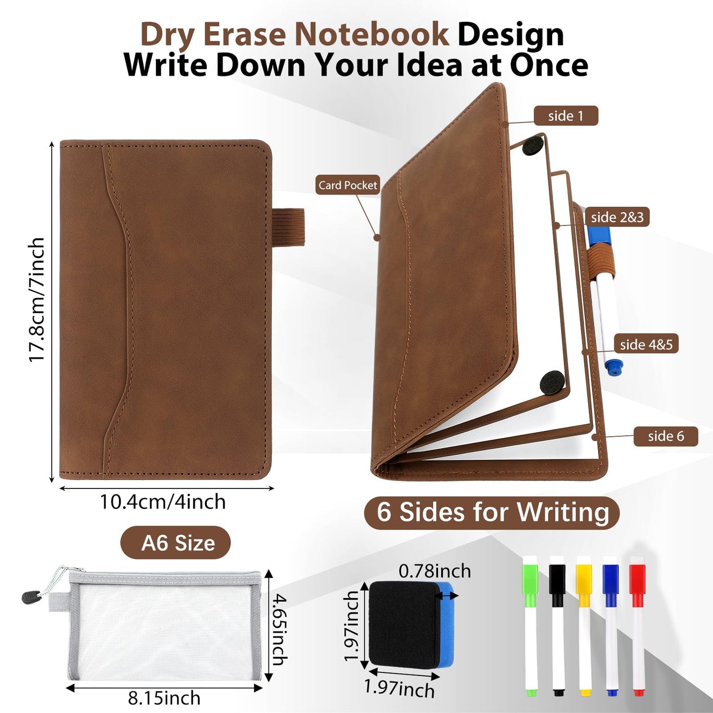 Feifeiya 6 Sides Dry Erase Whiteboard Notebook Portable Notebook White Boards 4"x7"(a6) Mini Folding Whiteboard Anti-ghosting Surface, Travel Dry Erase Mini White Board for Office, School, Study