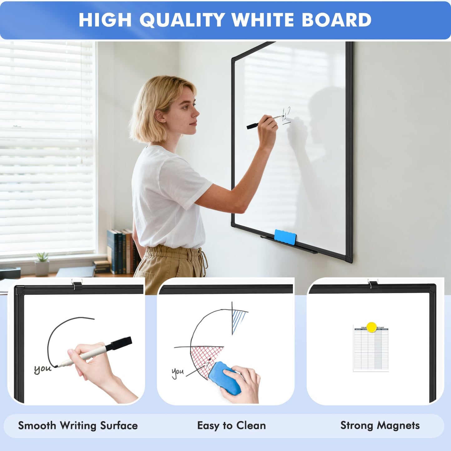 Double-Sided White Board Black Aluminium Frame, 24" x 18" Dry Erase Board Magnetic Whiteboard for Wall, Hanging Mounted Whiteboard Home, School, Office, Kitchen