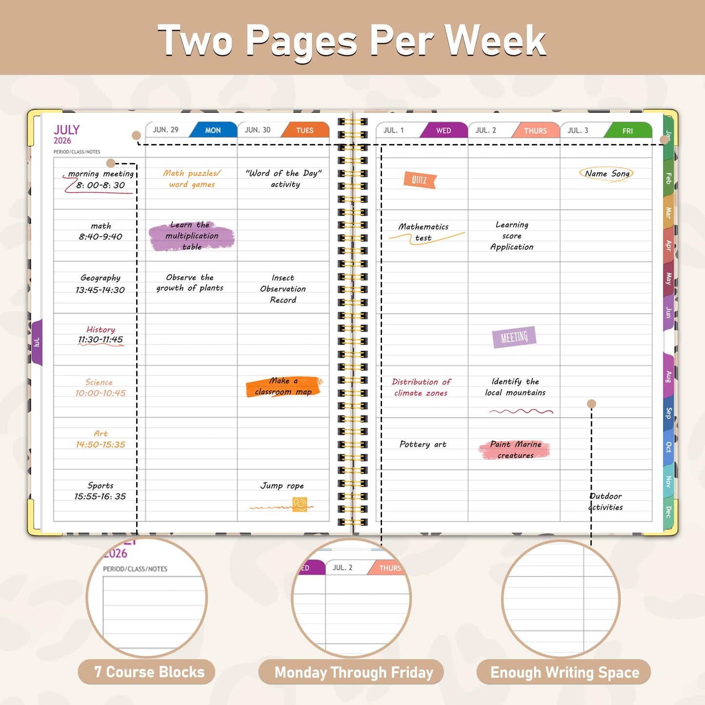 Teacher Planner 2026-2027, Jul 2026-Jun 2027 Academic Year, 8.5" x 11" Lesson Planner Book for Teacher Calendar, Spiral Bound Planners, Colorful Monthly Tabs, Planning Stickers, Leopard