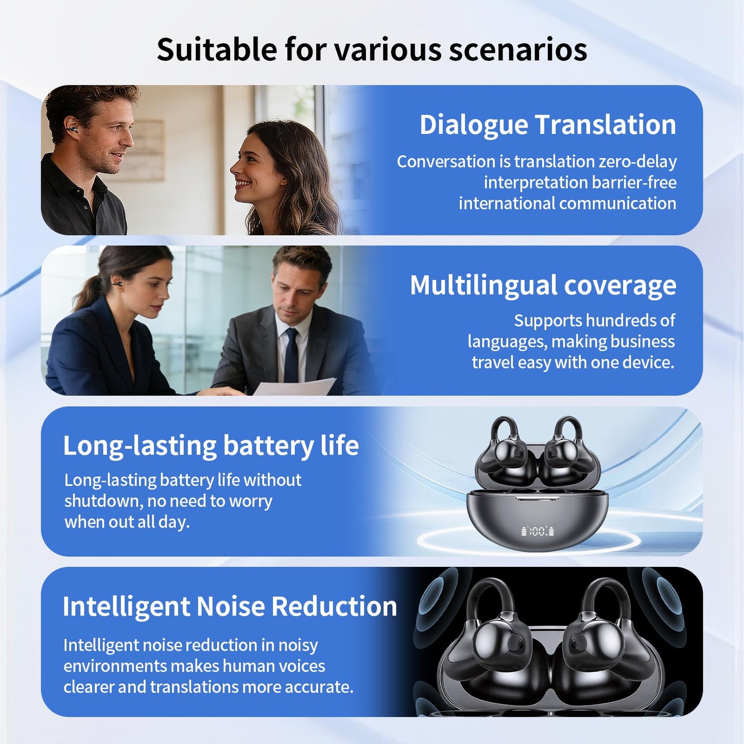 Jrrese AI Translation Earbuds Real Time, 164 Languages 80H Playtime Translator Ear Buds Audifonos Traductores Inglés Español Wireless Earphone Bluetooth AI Headphone for Travel Meeting Learning