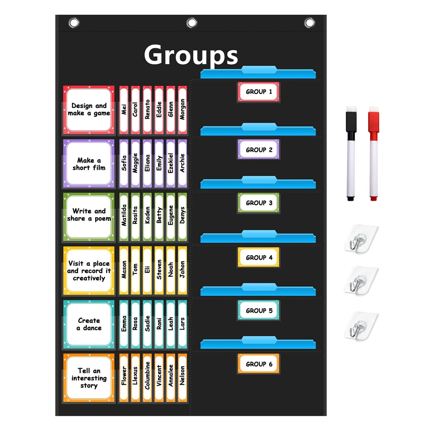REGELETO Small Group Management Pocket Chart with 96 Cards Classroom Jobs Chart Small Group Organizer and on Task for School Teacher Homeschool Learning Supplies (Black)