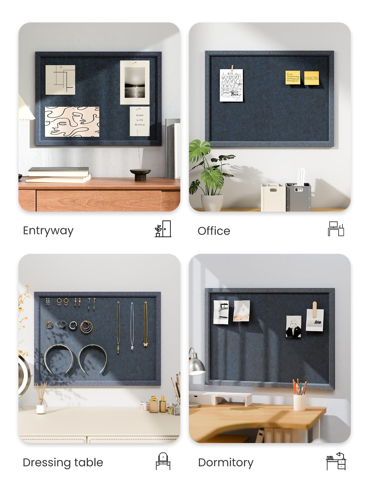 Fluxynara Foldable Cork Board Alternative, Felt Bulletin Board 23.6" x 17.5" Navy Blue Frame with 12 Adhesive Tabs, Pin Board for Home Office, Classroom, Entryway, Kitchen Wall Decor—Carbon Blue