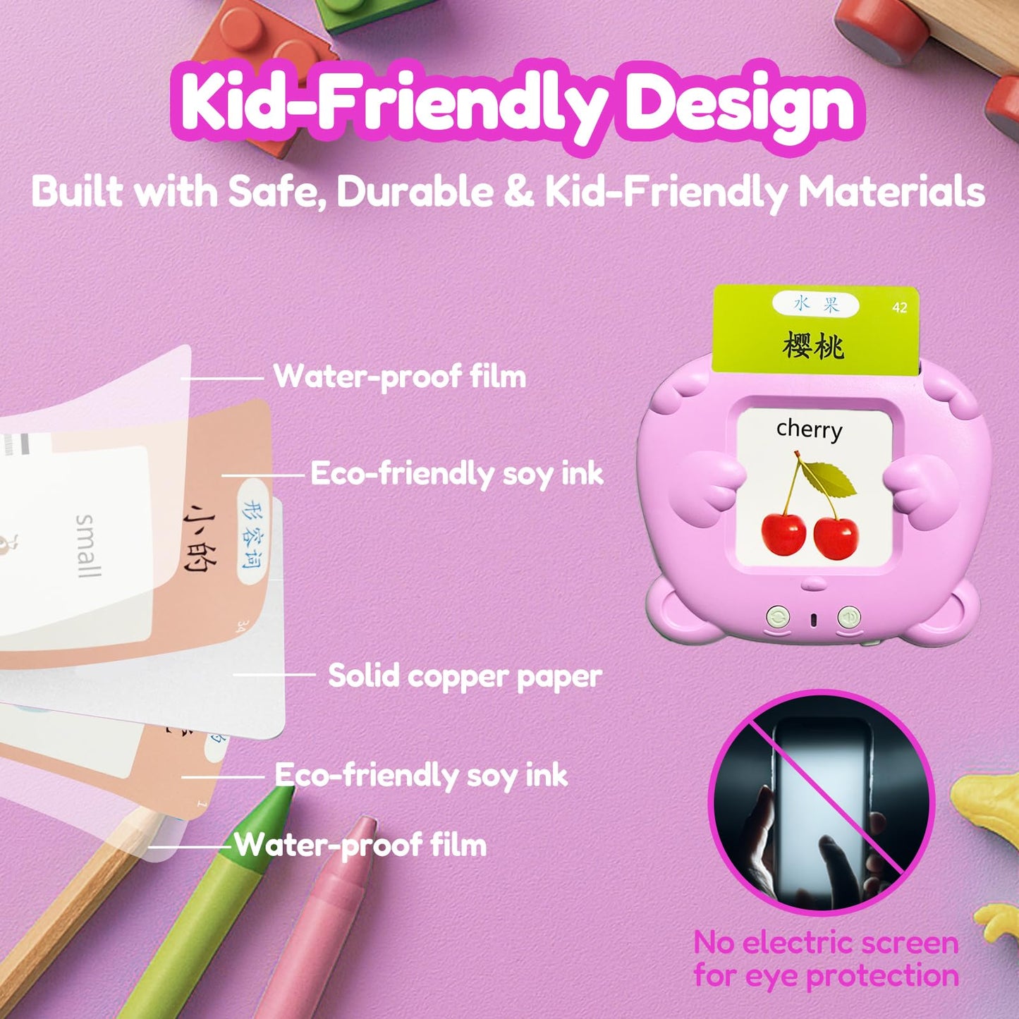 MoLingvora Bilingual Talking Flash Cards for Kids - Mandarin English Flashcards Children Adults, 510 Sight Words, ABC Alphabet, Pocket Speech for Toddlers, Audible Sensory Toys (Chinese, Pink)